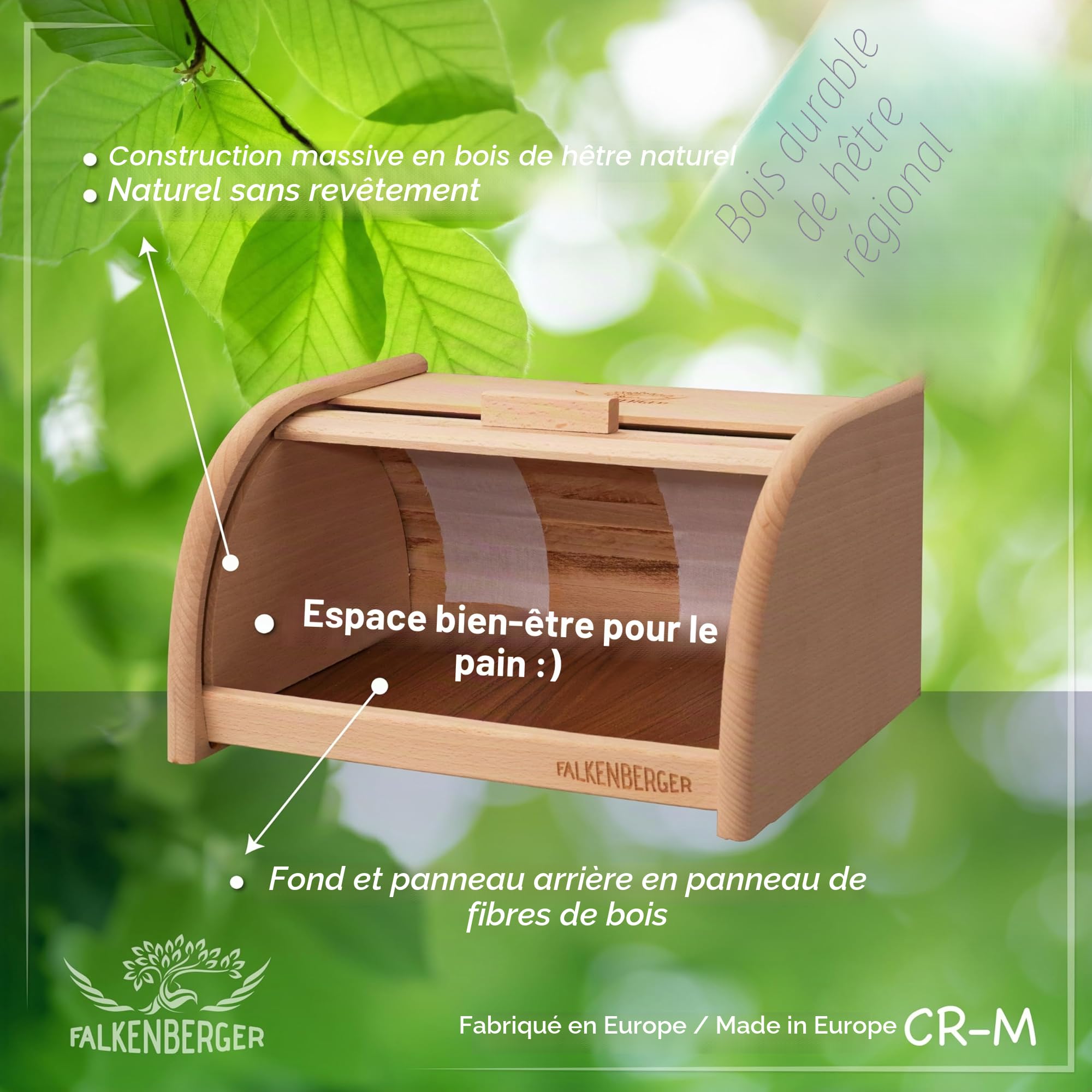 Boîte à pain en bois de hêtre Env. 32 x 25 x 16 cm M Boîte à pain à rouleau Boîte à pain traditionnelle avec couvercle roulant Fait main