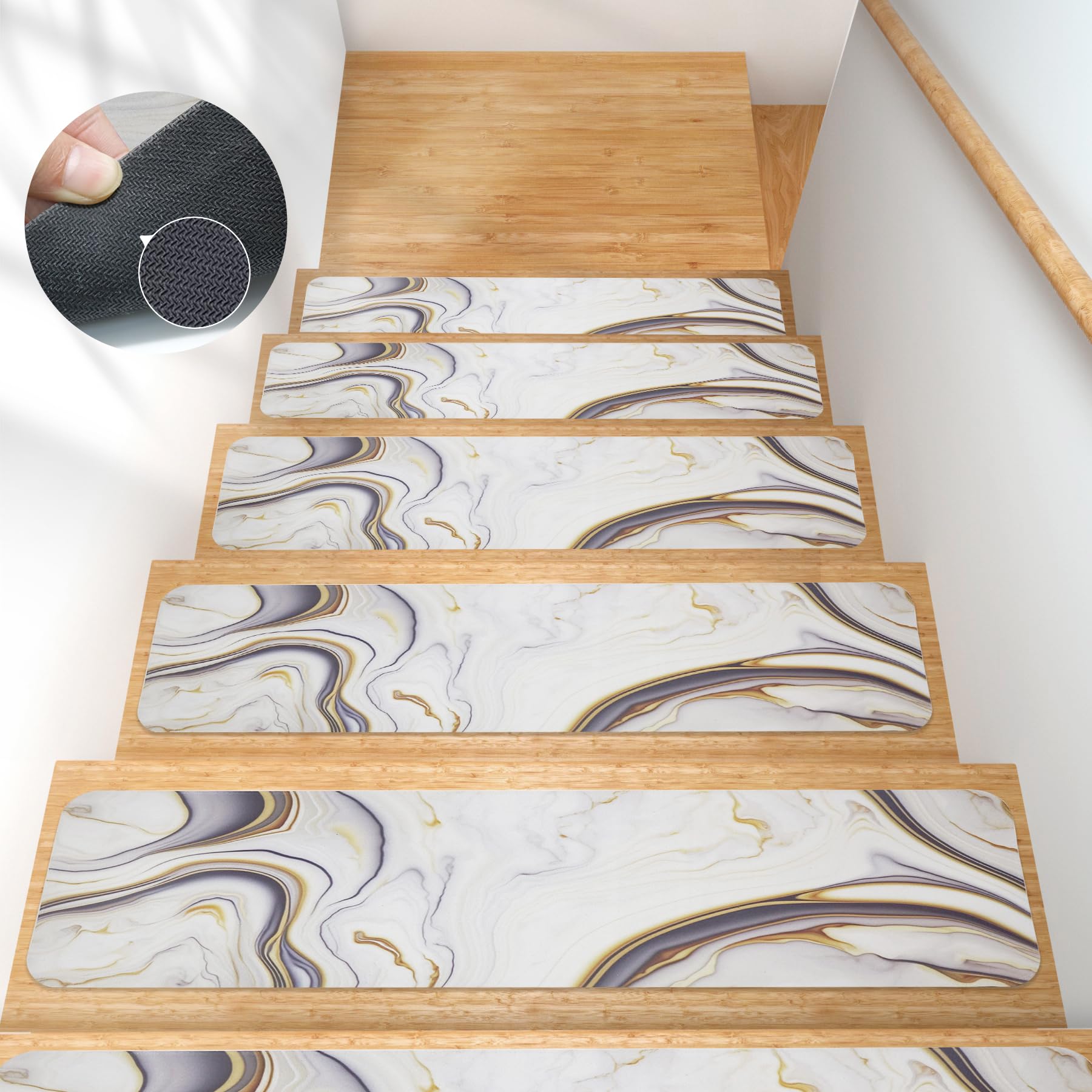 FOYKUED Non Slip Stair Treads for Wooden Steps, Rubber Backing Stair Treads Set of 15, 8x30 Inch Safety Step Mat for Kids, Elders and Pets, Easy Clean and Reusable, Marble