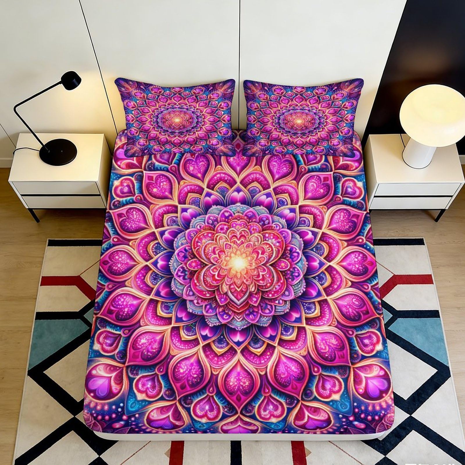 3D Printed Mandala Blossom Fitted Sheet Microfiber Soft Pink Purple Lotus Mattress Cover for Bedroom Guest Room Decor 90x200x25cm