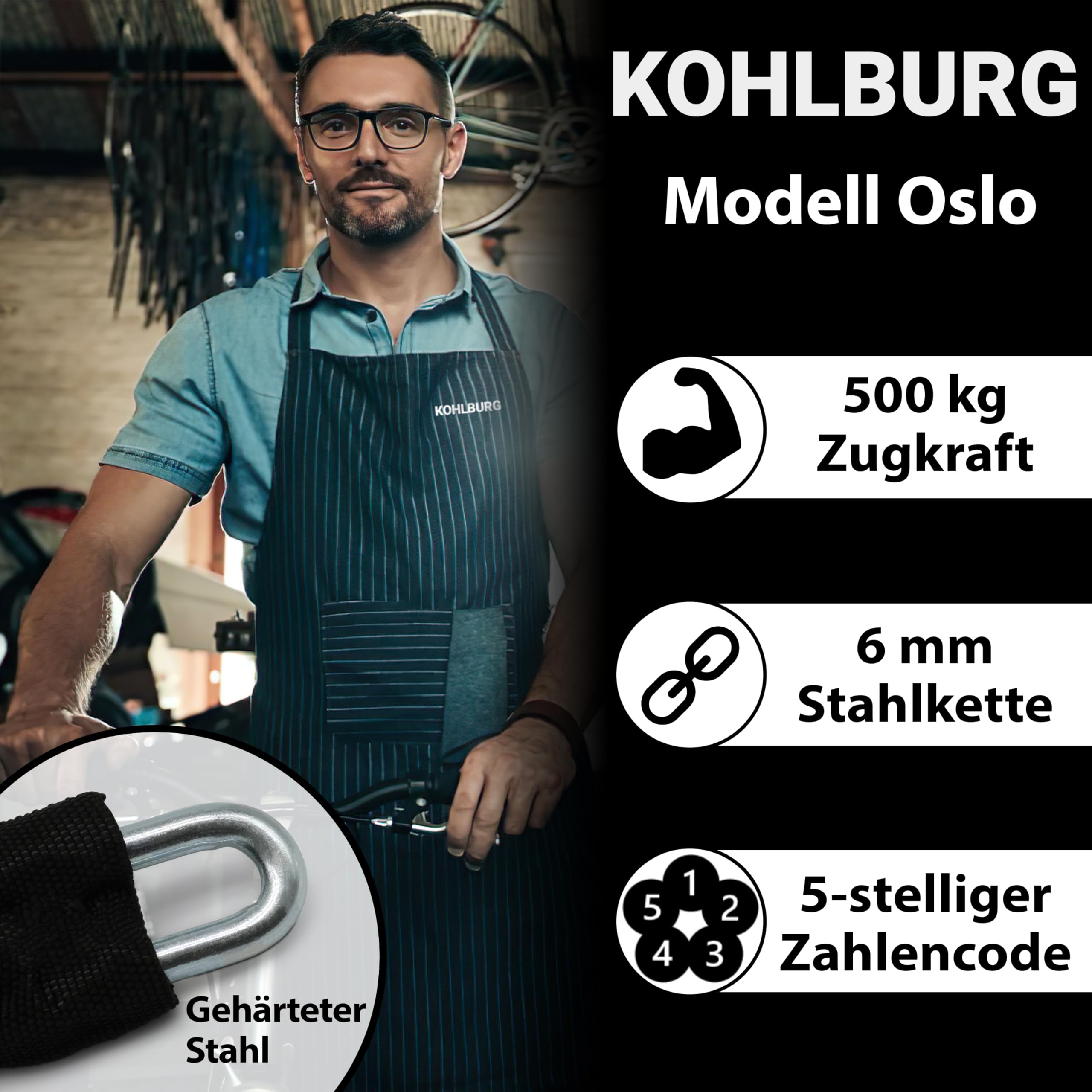KOHLBURG sehr langes Fahrradschloss Zahlenschloss 115cm & 6mm starker Stahl - Fahrrad Schloss mit Zahlencode - Kettenschloss mit Zahlen Kombination für Fahrrad E-Bike & e Scooter - Code Bike Lock