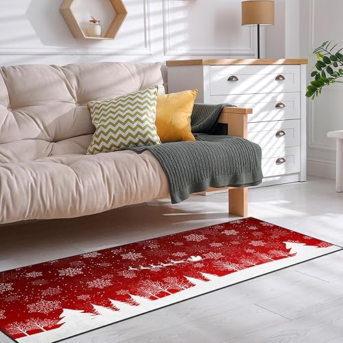 Miniatura 5 de ArtSocket Alfombra de Navidad con diseño de pino de Navidad, 2 x 6 pies, antideslizante, lavable, para interiores, dormitorio, cocina, entrada,