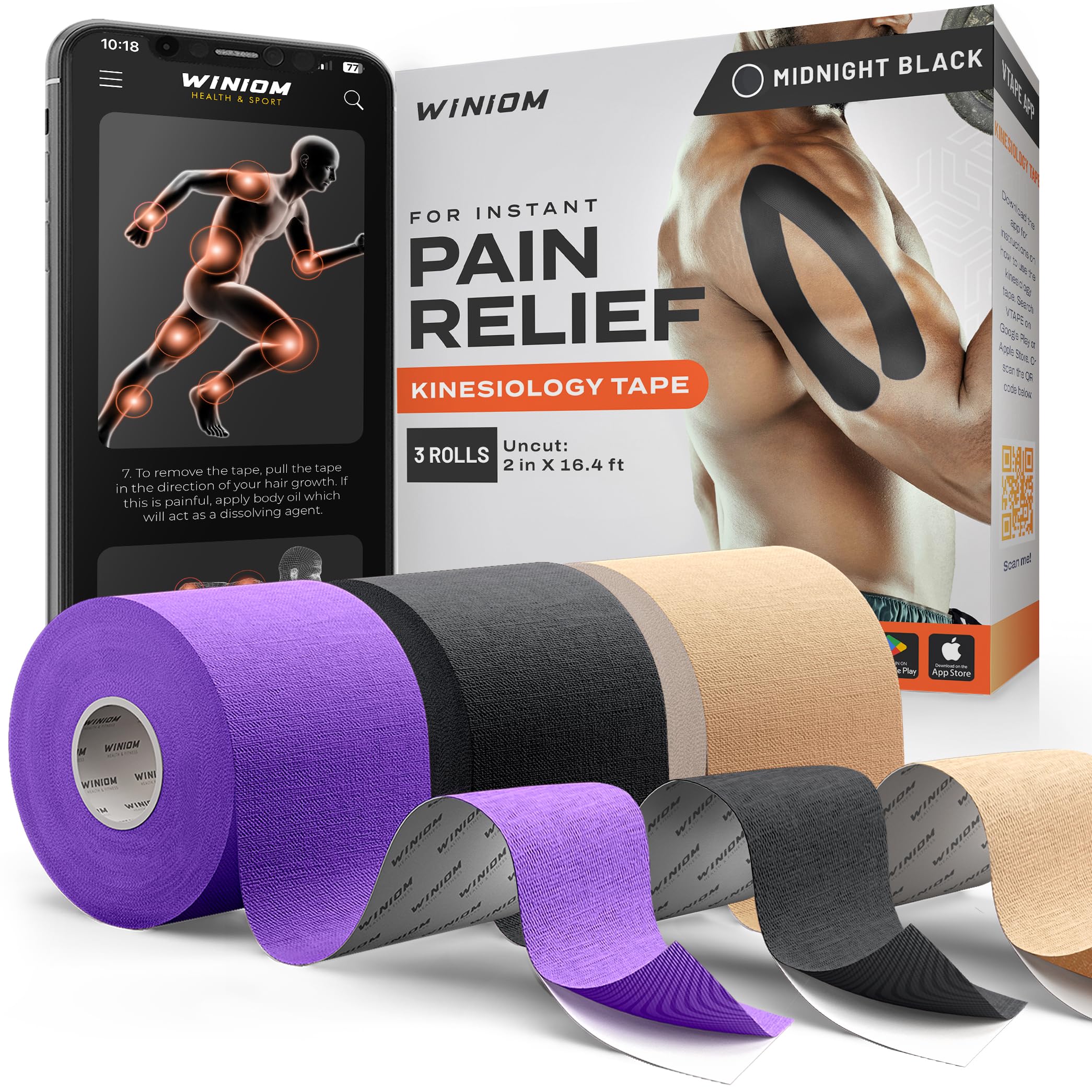 Kinesiology Tape - Waterproof Athletic Sports Tape for Knee, Shoulder, Arm & Back Support | 3-5 Day Adhesion, Hypoallergenic & Latex-Free + Taping Guide (Uncut, 2inx16.4ft, Mixed Colors B, 3-Roll)