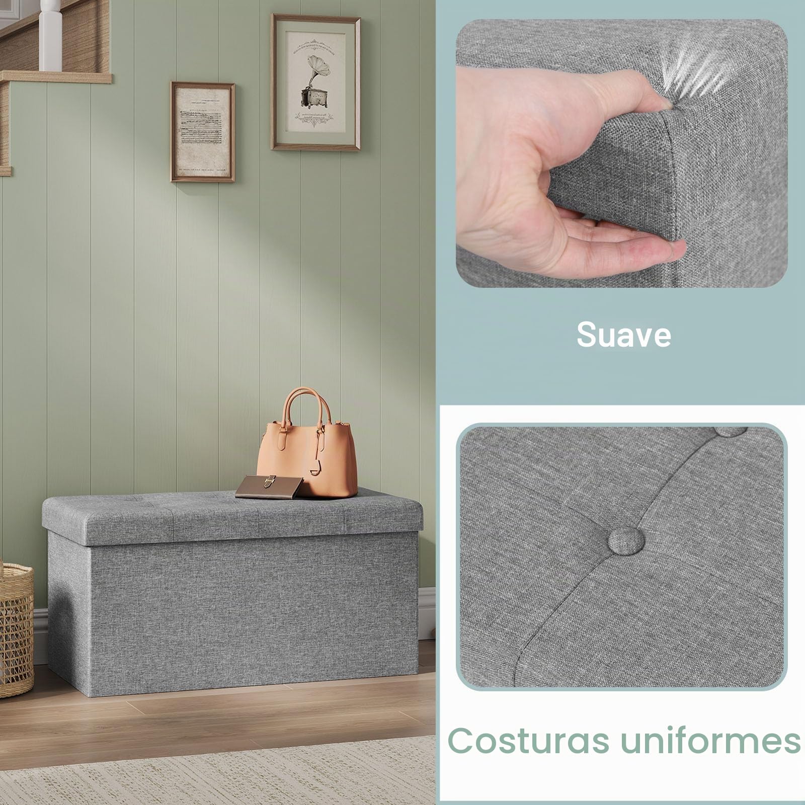 WOLTU Puff Baúl Plegable Rectángulo Taburete para Almacenamiento Otomanos de Lino Caja de Almacenaje con Tapa Reposapiés Sofá 76x37,5x38 cm Gris Claro