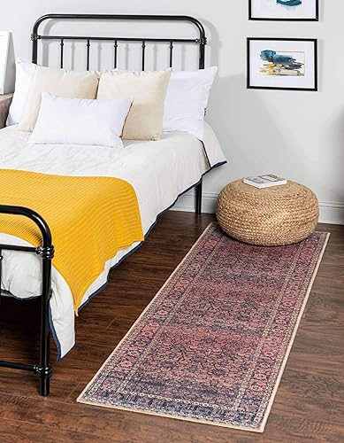 Unique Loom Revival Collection - Alfombra tradicional con borde de medallón azul marinonaranja (2 pies 6 pulgadas x 12 pies 0)