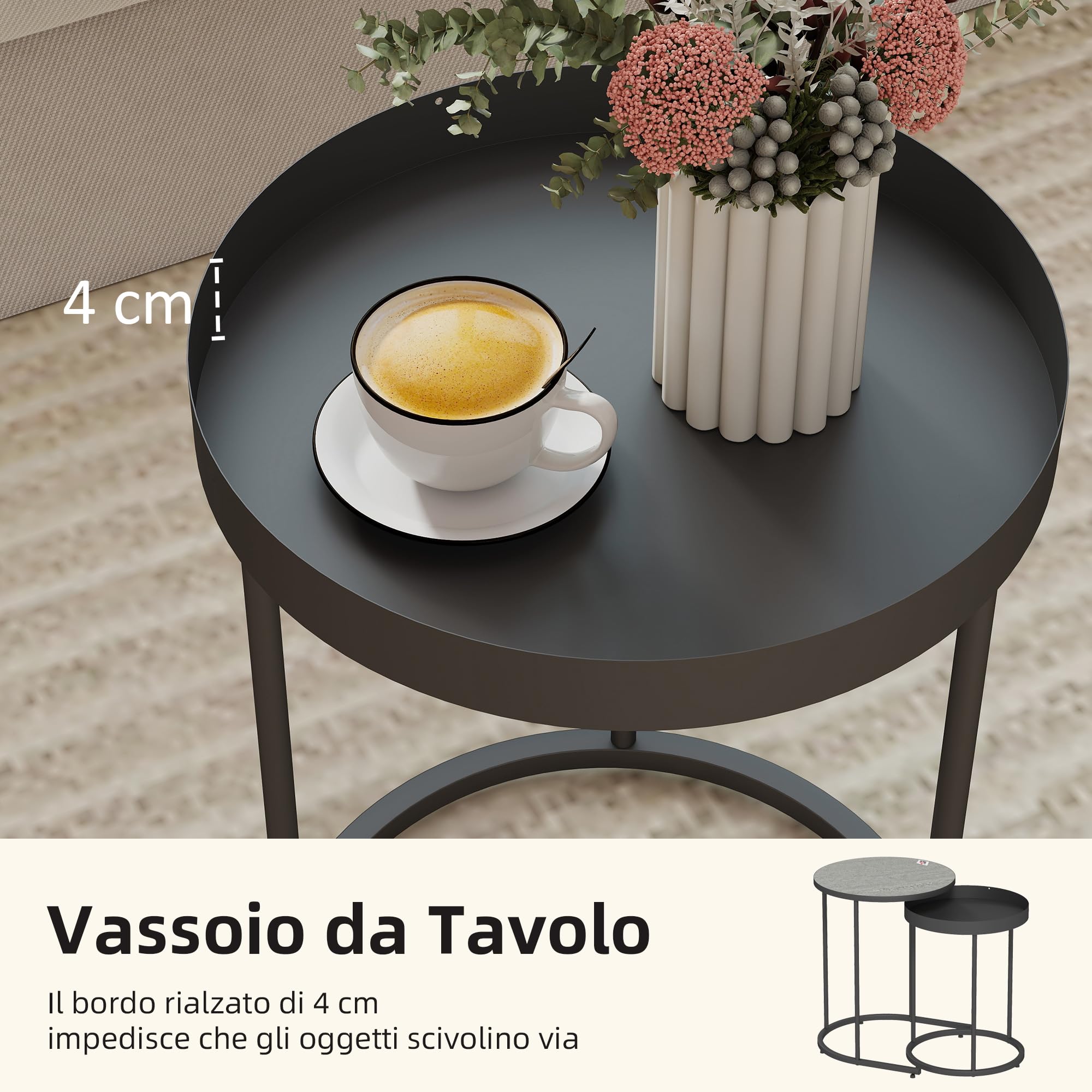 HOMCOM Set 2 Tavolini da Salotto Impilabili in Stile Industriale con Bordo Rialzato, Tavolini Rotondi in MDF e Metallo, per Soggiorno, Camera da Letto, Ufficio, Grigio e Nero