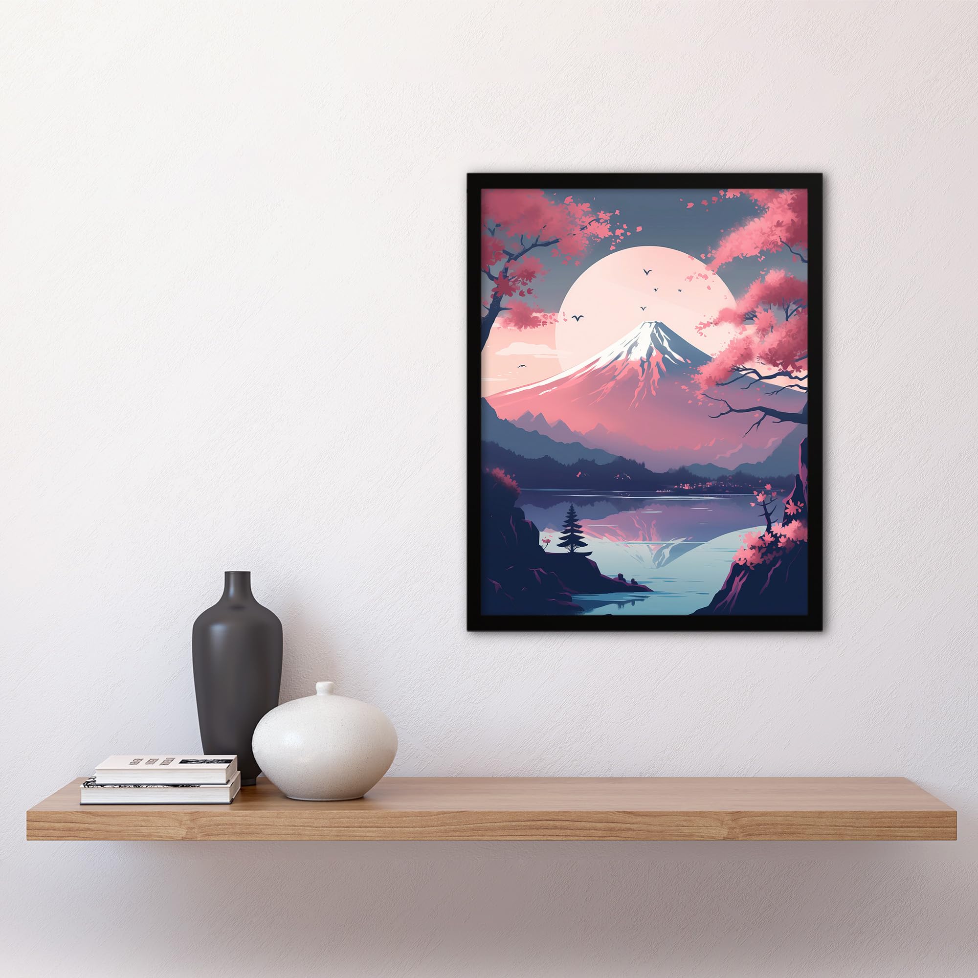 Artery8 Mount Fuji View Through Cherry Blossom Trees Pastel Colour Painting Pink Purple Blue Serene Lake Reflection Japanese Landscape Art Print Framed Poster Wall Decor 12x16 inch - Image 4