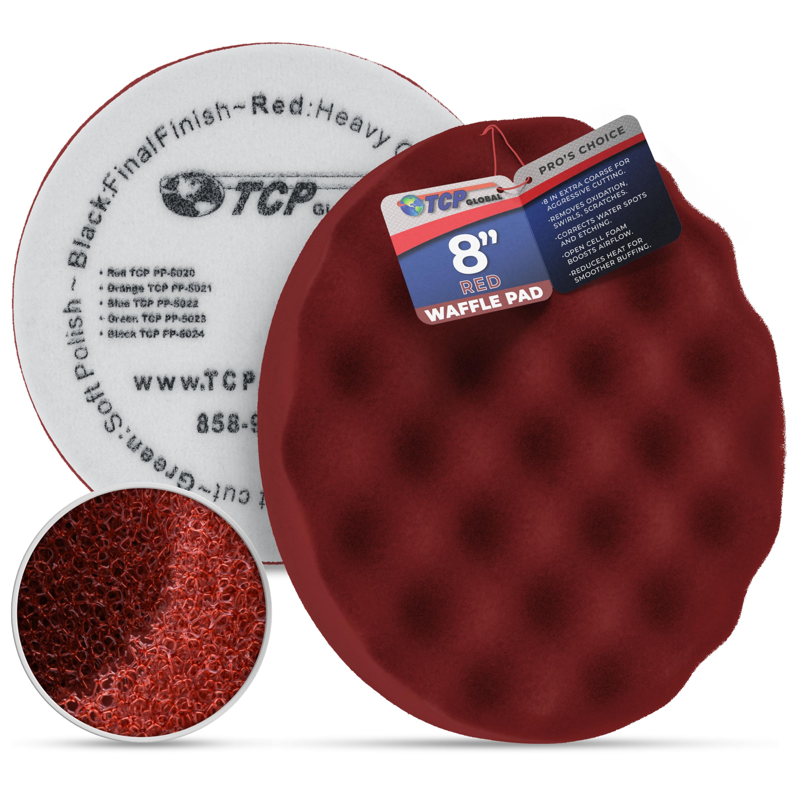 8 Red Waffle Foam Buffing Pad Extra Coarse Cutting Buffing Hook & Loop Grip Polish Car by TCP Global