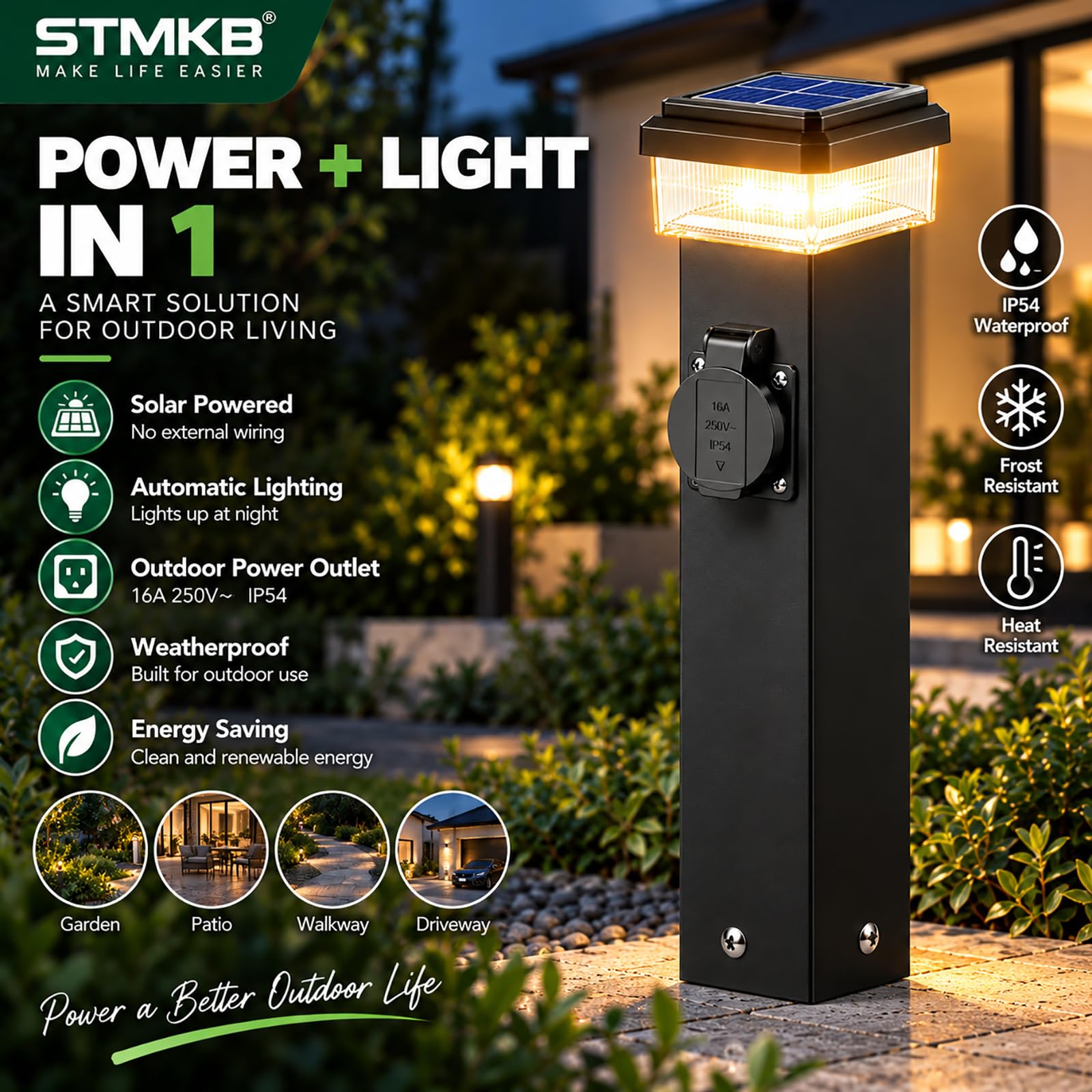 Poste De Luz Solar para Exteriores, 1 Toma De Corriente, Ip54, Resistente A La Intemperie, Pedestal Eléctrico para Jardín, Patio Y Paisajismo.