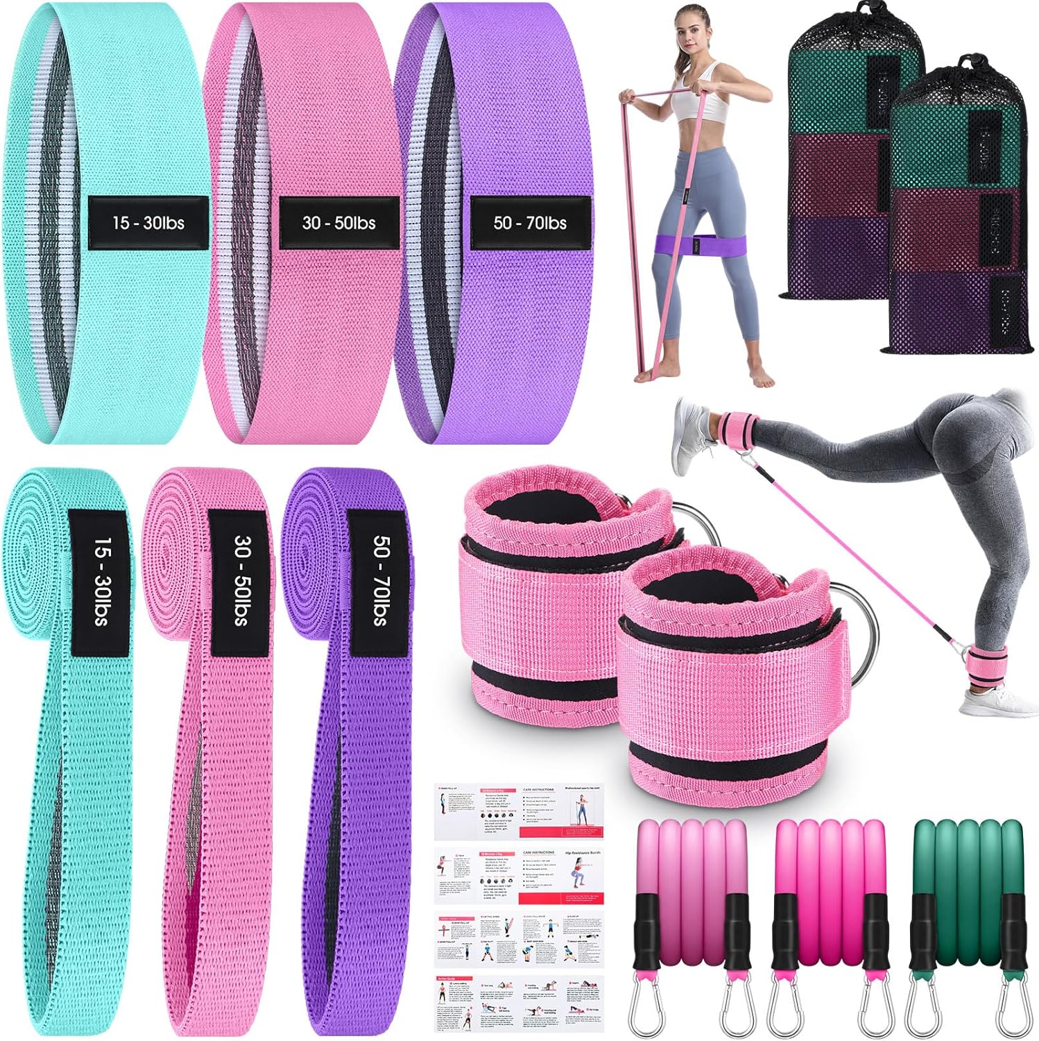 Women's Fabric & Ankle Resistance Band Set: 6 Short, 3 Long Bands for Leg, Glute & Hip Workouts, Adjustable Resistance Levels with Non-Slip, Travel Bag & Training Guide