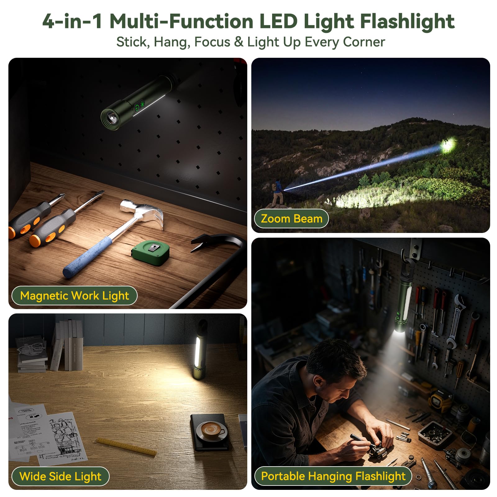Linterna de alto lúmenes recargable, magnética, colgante, haz de zoom, luz lateral, linterna LED multifunción, súper brillante, potente, impermeable, para camping, emergencia, senderismo, pasear al