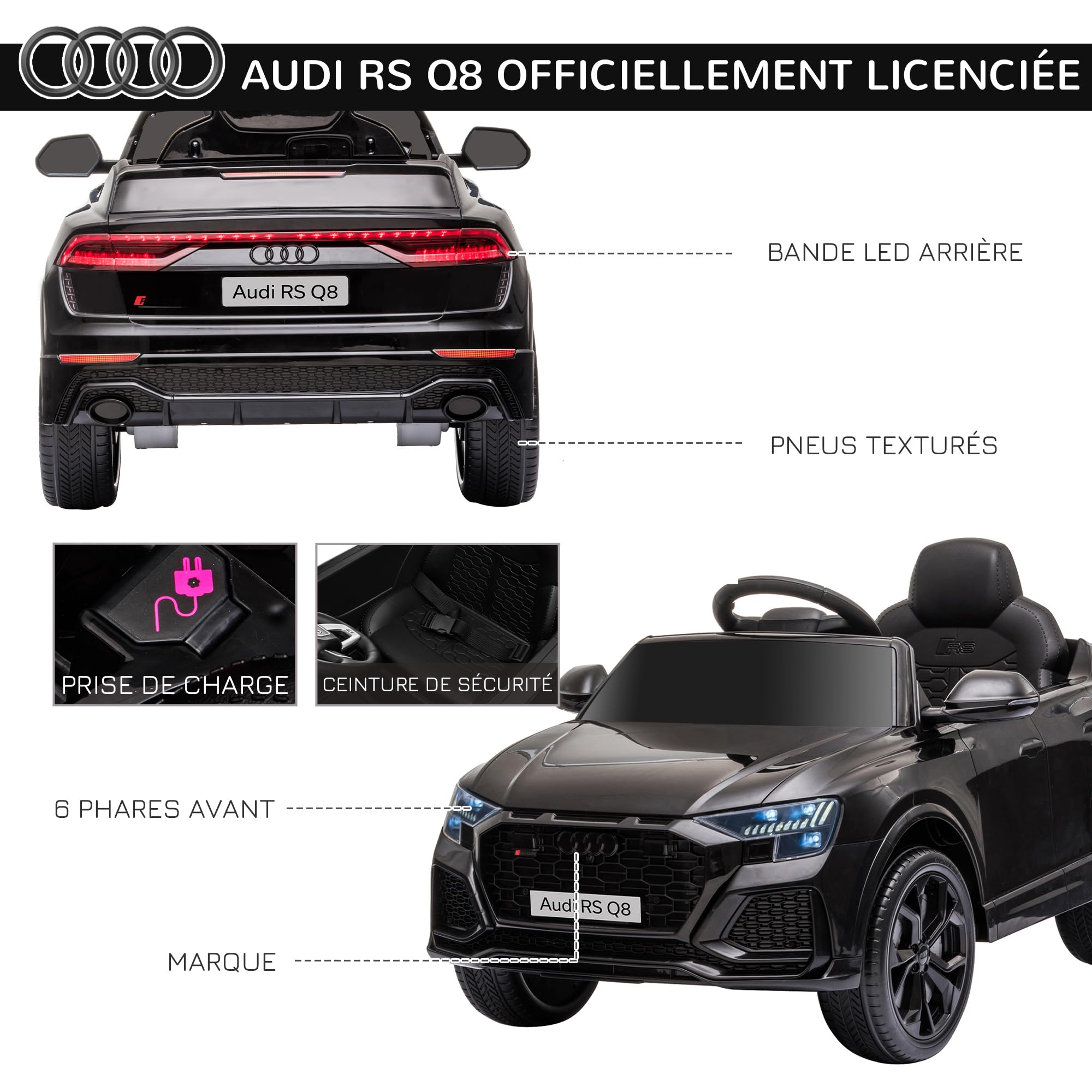 HOMCOM Voiture électrique Enfants sous Licence Audi RS Q8, Voiture à Batterie 6 V, véhicule électrique avec télécommande, USB, Musique, Bluetooth, pour Enfants de 3-5 Ans, Noir