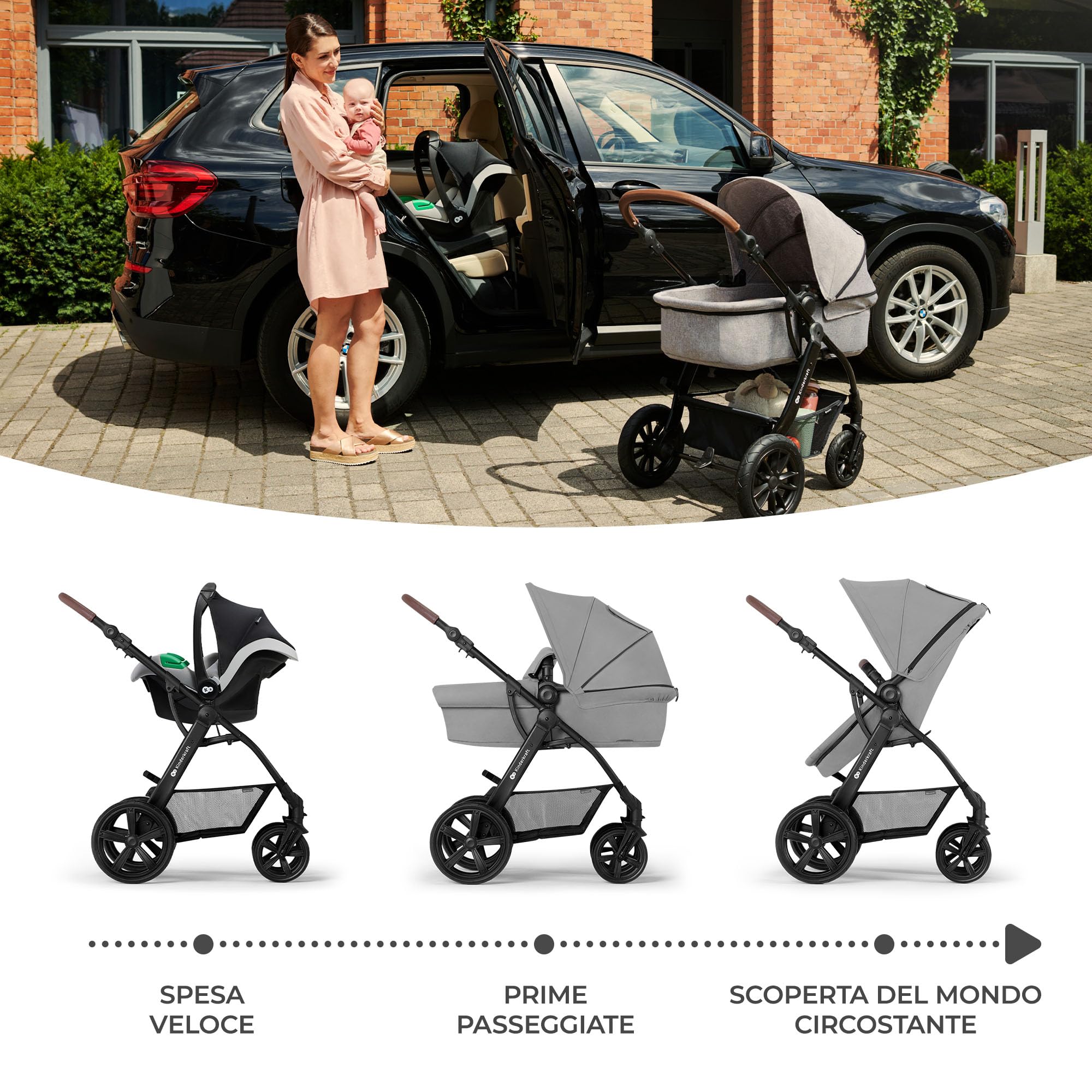 Kinderkraft MOOV Trio passeggino neonati 3 in 1 fino 26 kg, con Ovetto I-SIZE 40-75 cm, Carrozzina reversibile fronte mamma e strada, Pieghevole, Borsa zanzariera incluso, Grigio