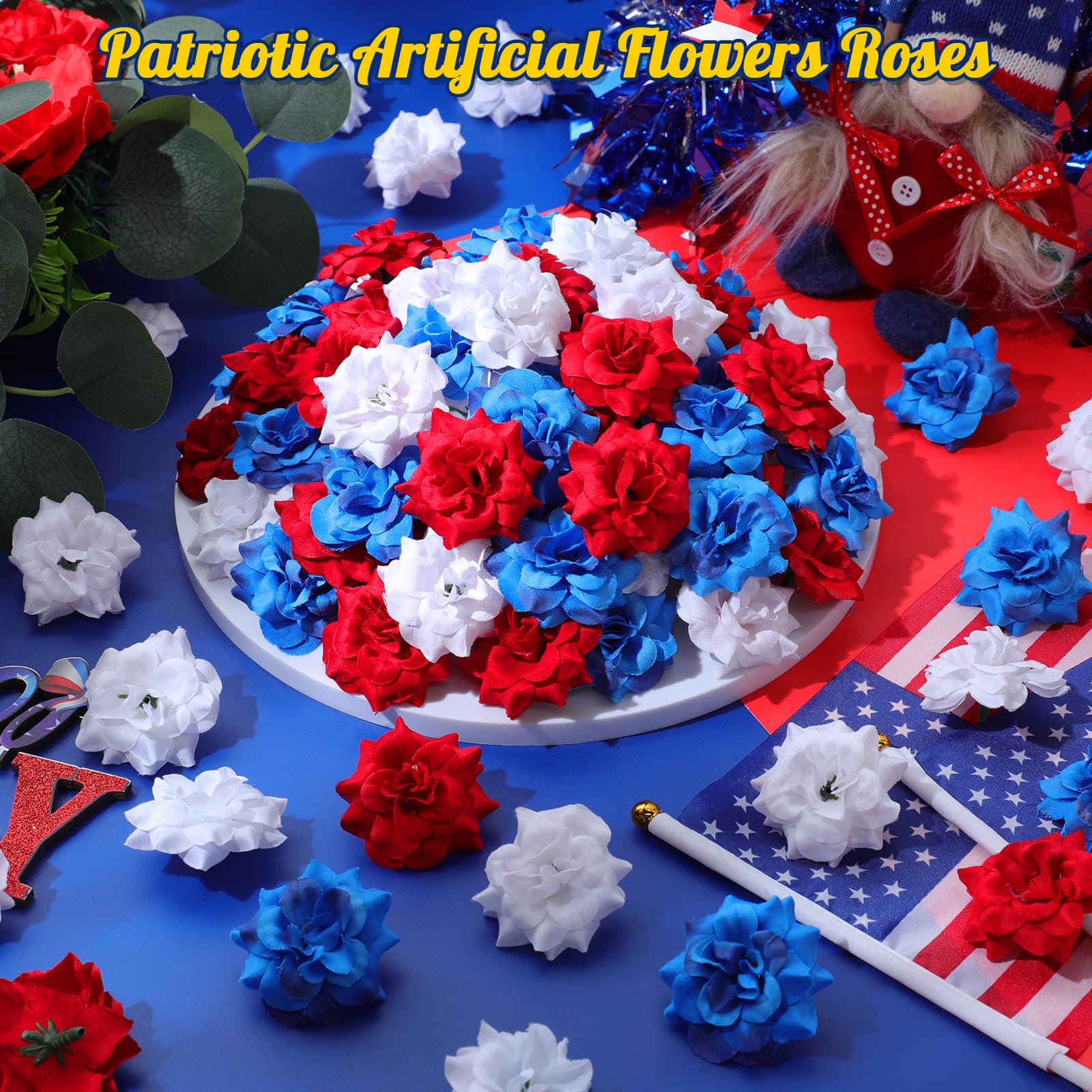 Floweroyal Künstliche Samtrosen Rot-weiß-blau – 15 Stück, Ca. 48 Cm Lang, Für 4. Juli, Patriotische Deko, Tischarrangements