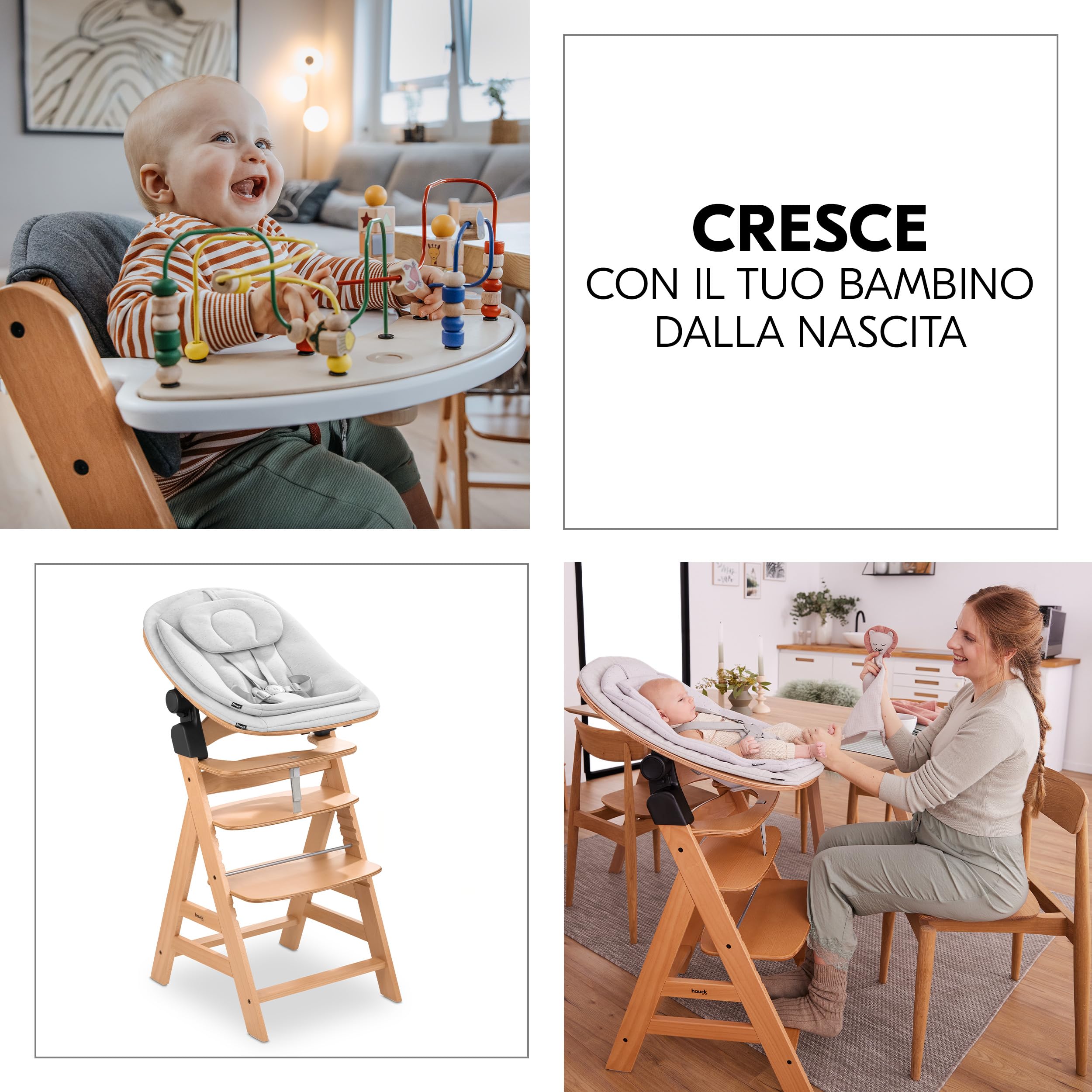 hauck Seggiolone Alpha+ Newborn Set Eco Bouncer - Seggiolone Pappa Bimbi in Legno dalla Nascita con Sdraietta Neonato 2in1 Regolabile e Cuscino - Naturale