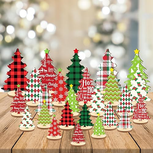 Suzile 25 piezas de madera para árbol de Navidad, decoración de mesa, 5 tamaños, letrero de madera para árbol de Navidad con estrella, 6 patrones,