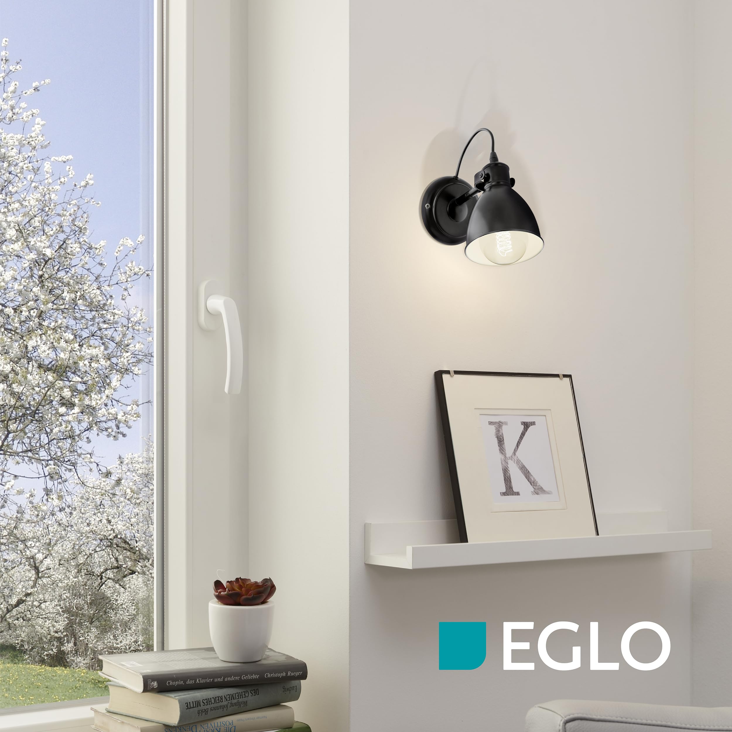 Eglo Lampada da parete Priddy, lampada da parete in design industrial vintage a uno punto luce, spot da parete retrò in acciaio, nero, bianco, E27