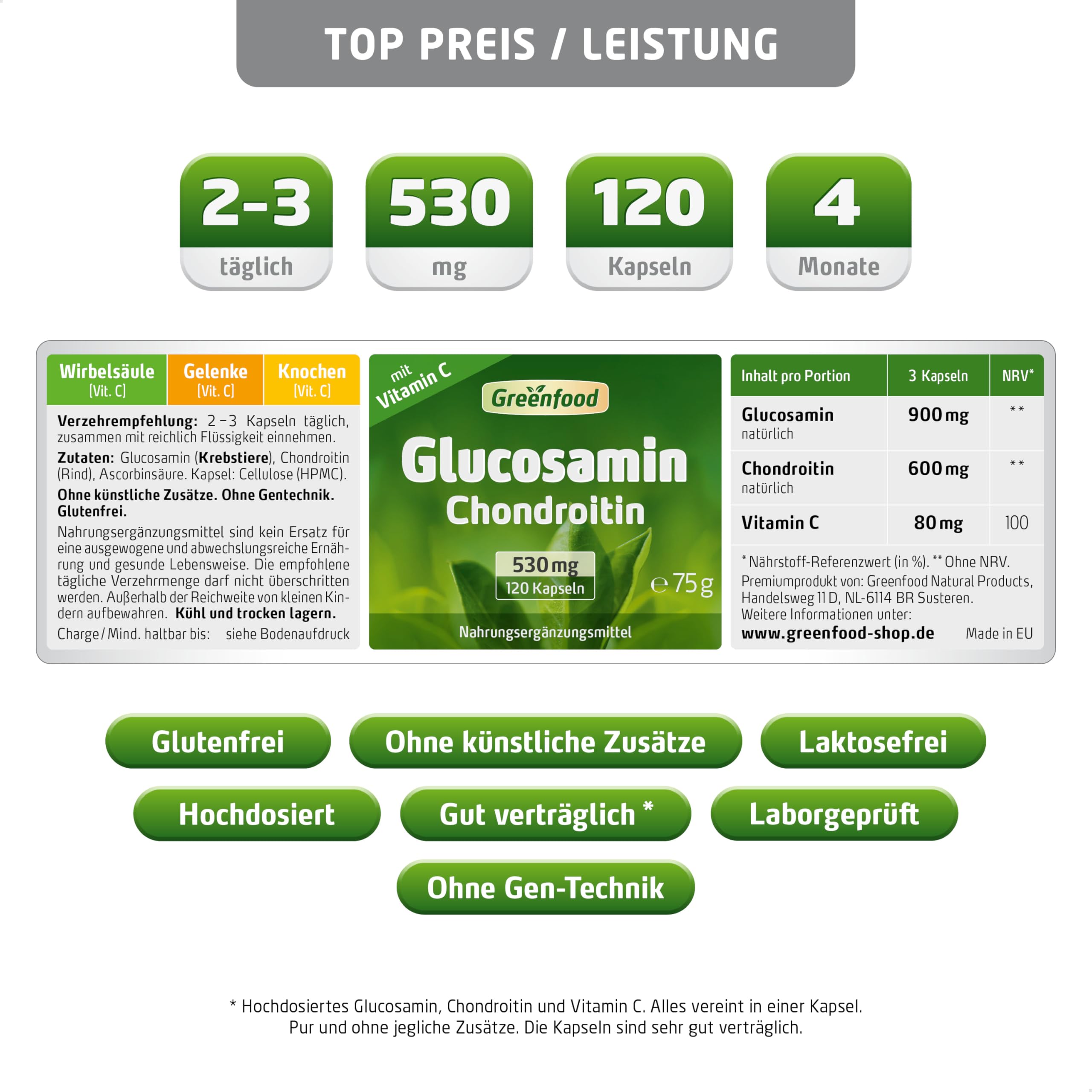 Glucosamin Chondroitin, hochdosiert, 530mg - 120 Kapseln, vegan. Mit Vitamin C - für Knochen, Muskeln und Gelenke. Mit hoher Bioverfügbarkeit. OHNE künstliche Zusätze - laborgeprüft. Von Greenfood.