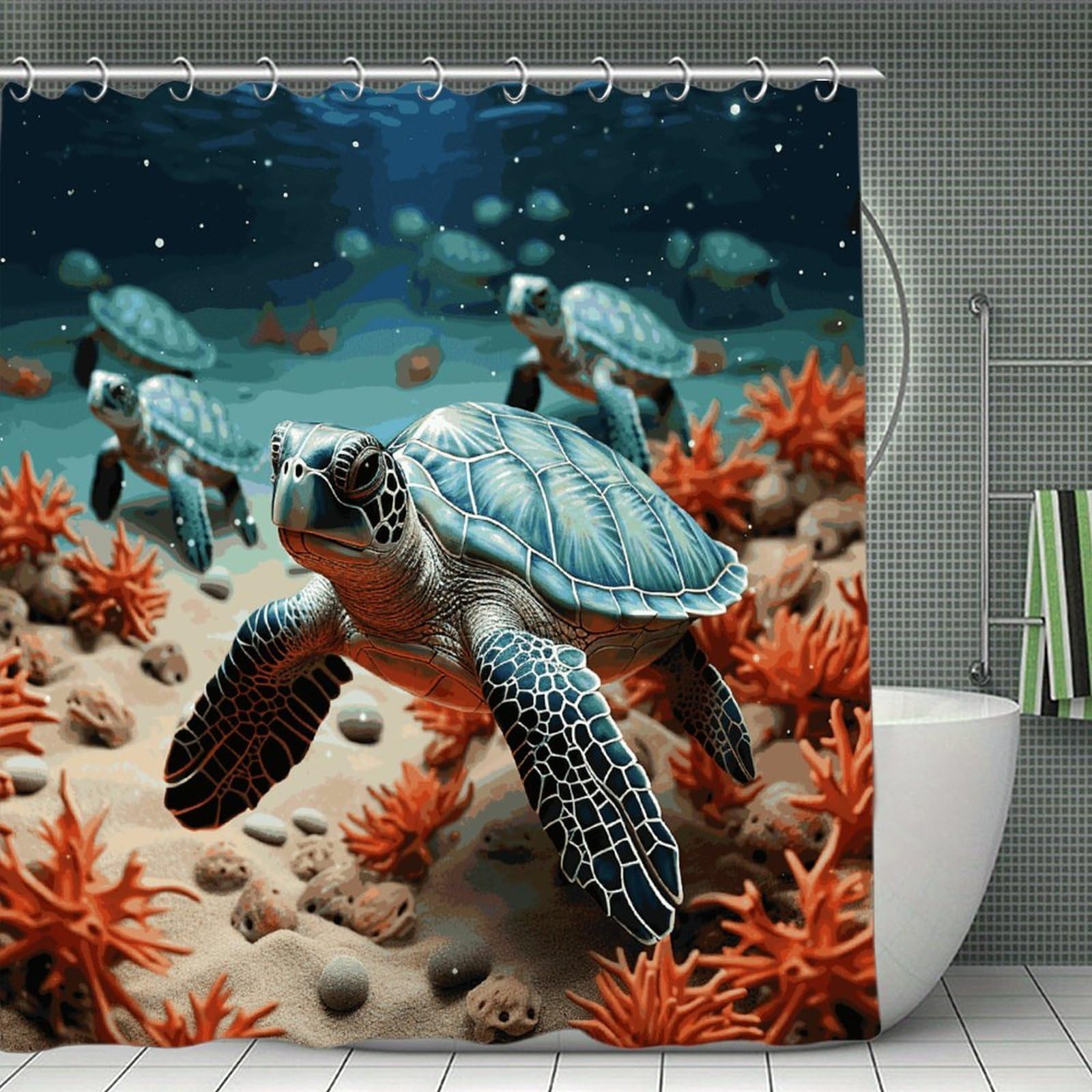 VstaDank Turtle Starfish Shower Curtain 71x71 Heavy Duty Polyester Cloth Bath Curtain with Hooks Thick Waterproof Shower Liner Fun Magic Decorative Bathroom Curtains for Bathtub