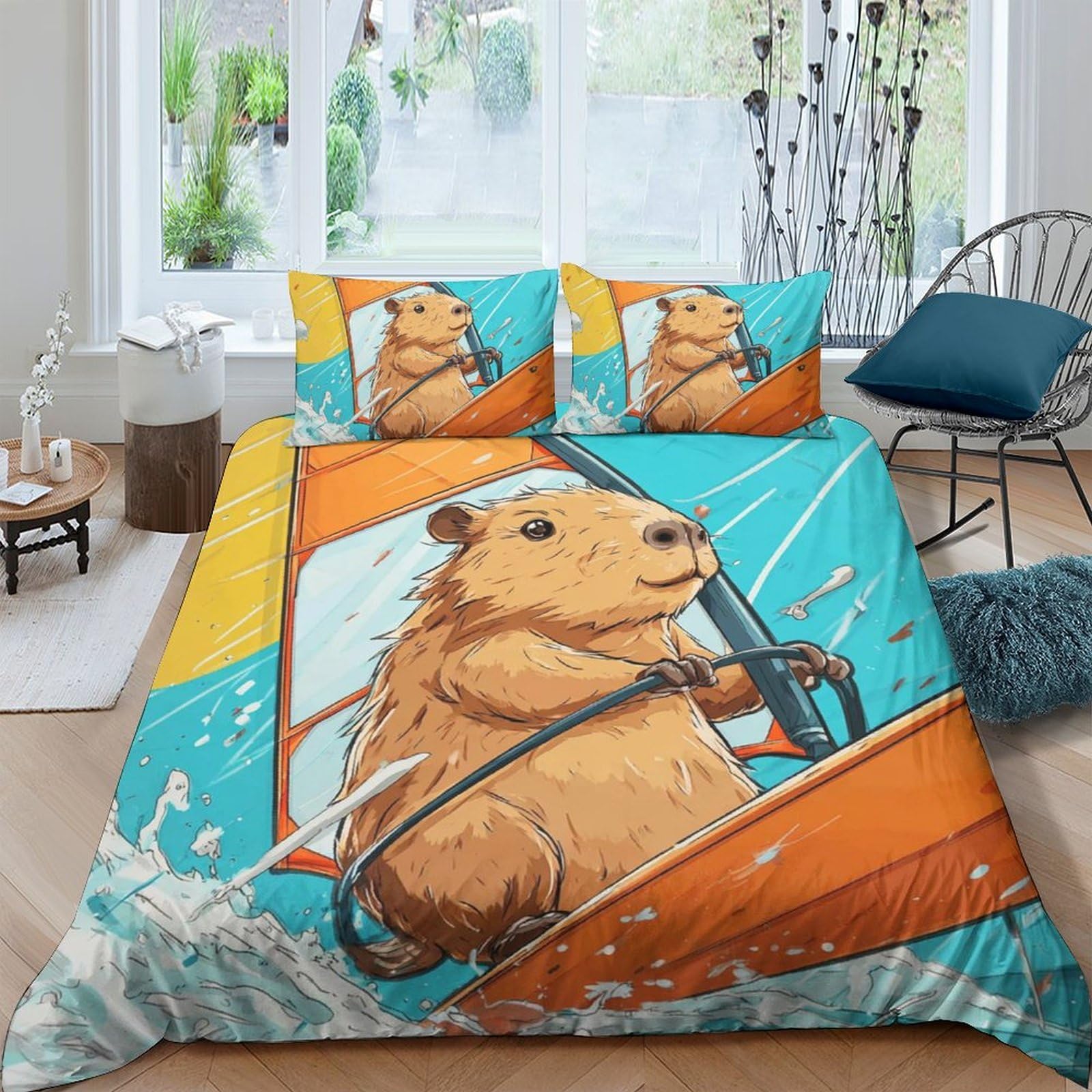 Ctjqhvkz Style-2 3D Printed Windsurfing Capybara Fitted Sheet Microfiber Orange Blue Bed Cover For Bedroom Guest Room Decor Easy Care Single（135X200cm）