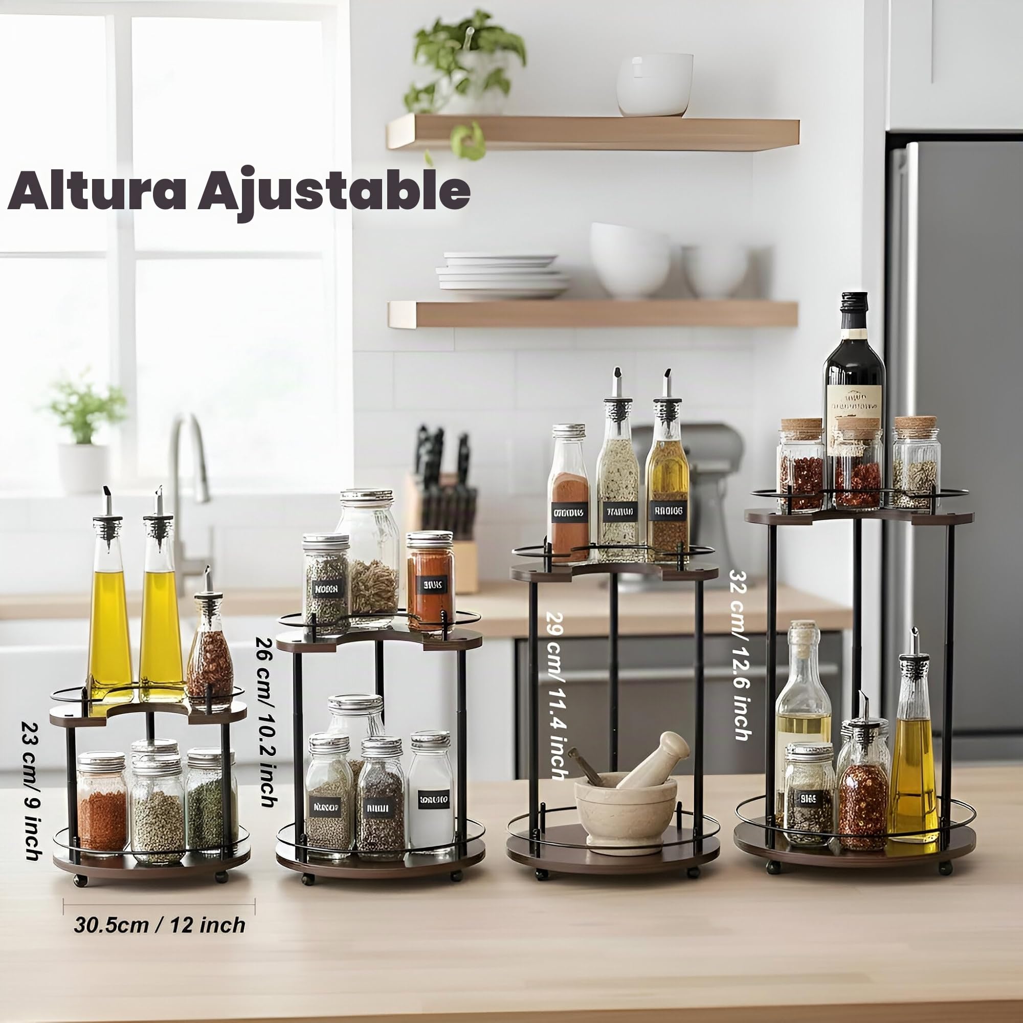 Estante de Especias Giratorio de Madera de 2 Niveles Lazy Susan | Organizador giratorio madera 35 cm, bandeja ajustable en altura para armario, encimera y despensa, diseño compacto y versátil