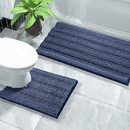 Yimobra Luxury Chenille Bathroom Rugs Sets 2 Piece, Extra Thick Non Slip Quick Dry U Shaped Toilet Bath Mat, Fluffy Shaggy Microfiber Absorbent