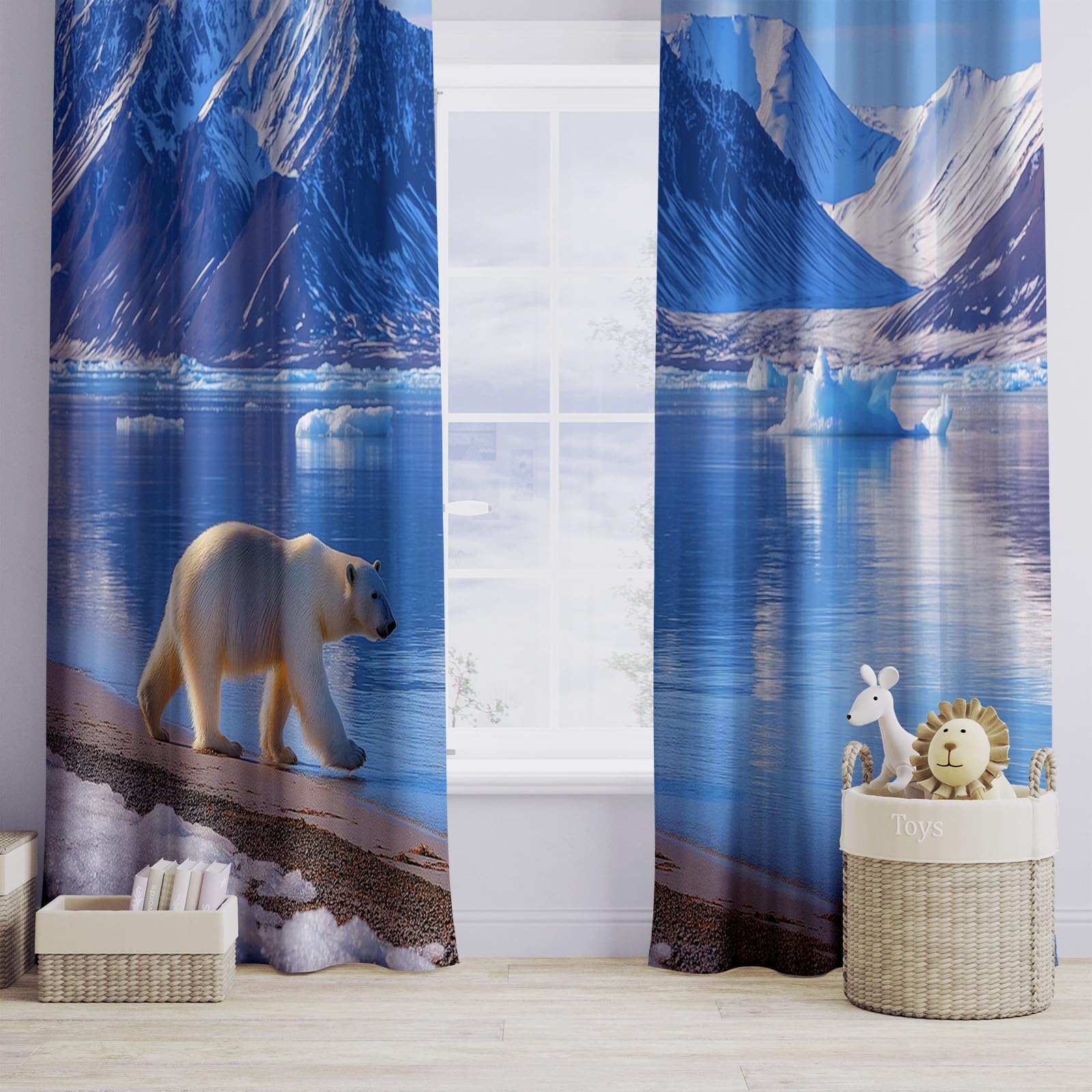 Verdunklungsvorhänge Eisbär EIS Kinderzimmer Vorhänge Blickdicht, Blau Thermovorhang mit Ösen, für Schlafzimmer Fenster & Balkon Schnee Natur Bilder - 110 x 215 cm (2er Set)