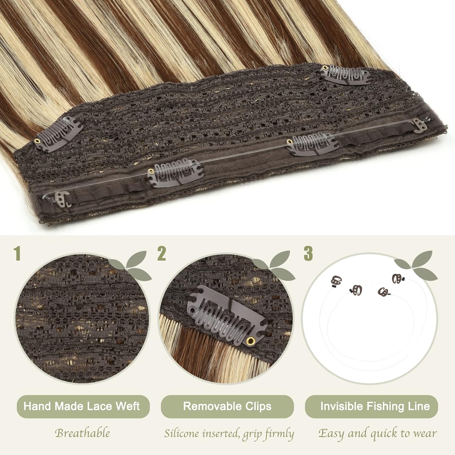 Senmy Wire Hair Extensions Human Hair Fish Line Hair Extensions Brown Mix Blonde #4/613 Wire Human Hair Extensions 16inch 80g Hair Extensions Real Human Hair Invisible Wire For Black Women