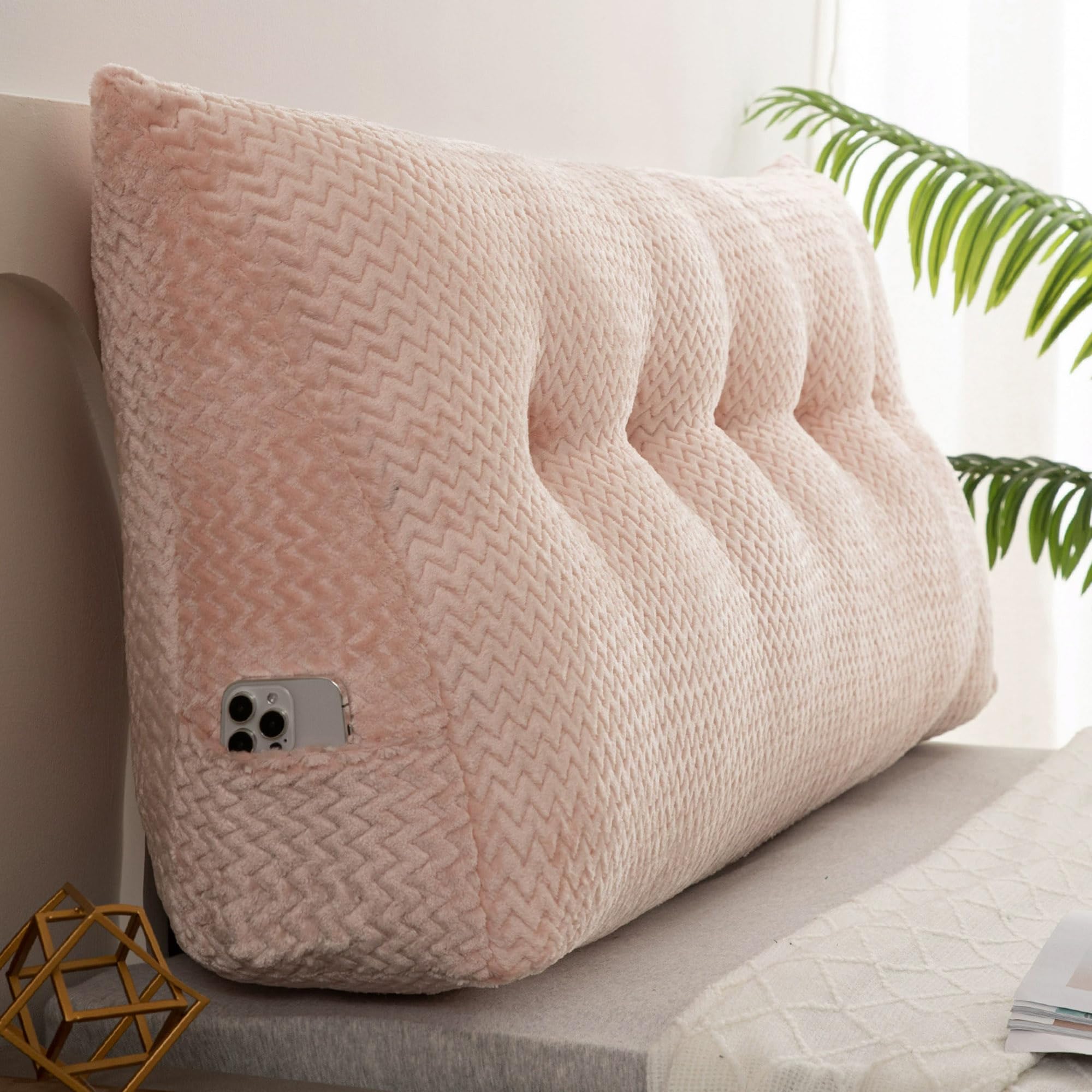 DUOLEH Backrest Cushion, Back Support Cushion with Zipper, Triangular Rest Reading Pillow, Wedge Headboard Backrest Headboard Bolster Support Pillow for Bed Sofa Chair (120x50x20cm,Pink)