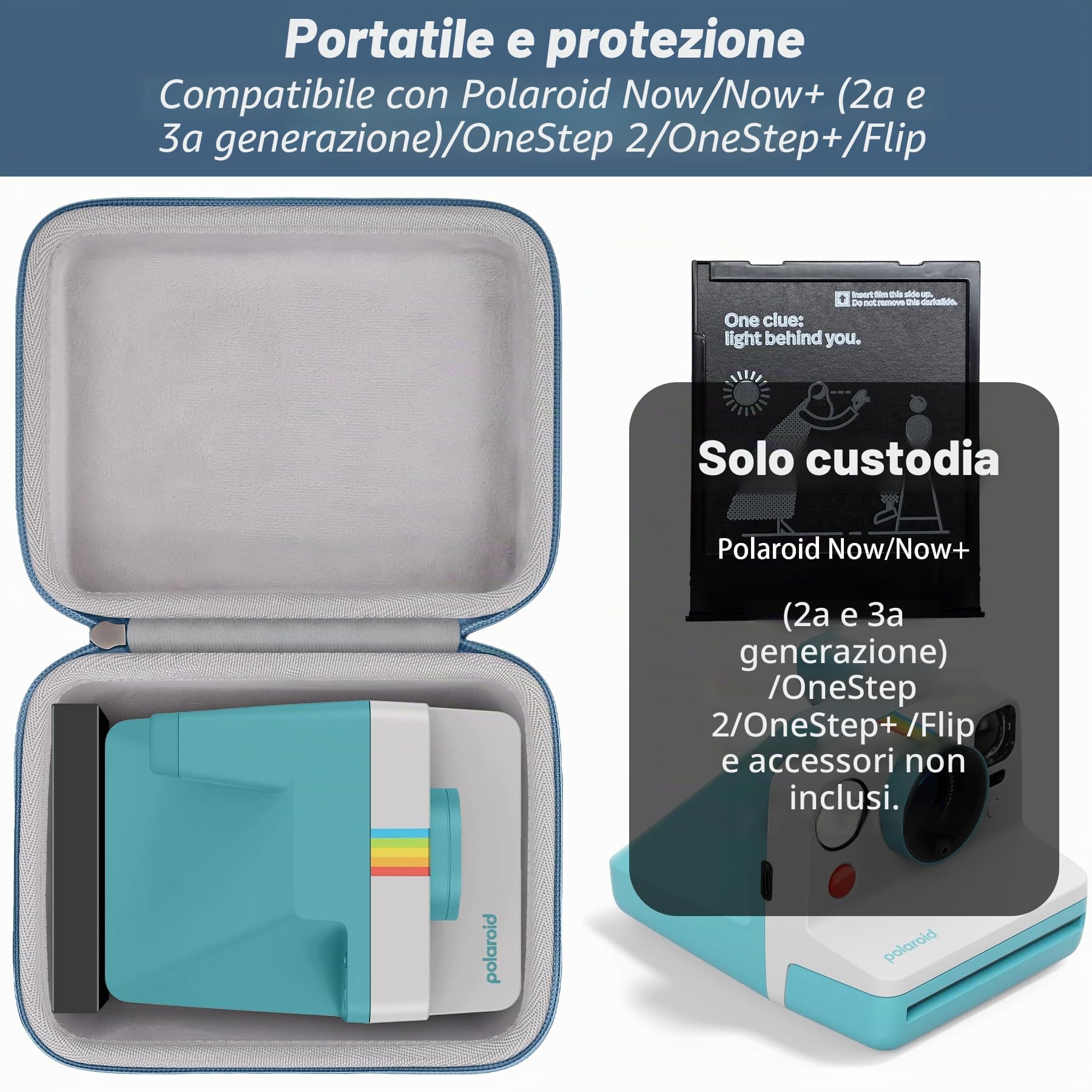 Khanka per fotocamere istantanee Polaroid Now Gen 3, Now+ Gen 3, Now Gen 2, Now+ Gen 2, Now, Now+, I-2, Flip, OneStep+ e OneStep 2 Custodia rigida, borsa da trasporto, solo custodia (Cerniera blu)