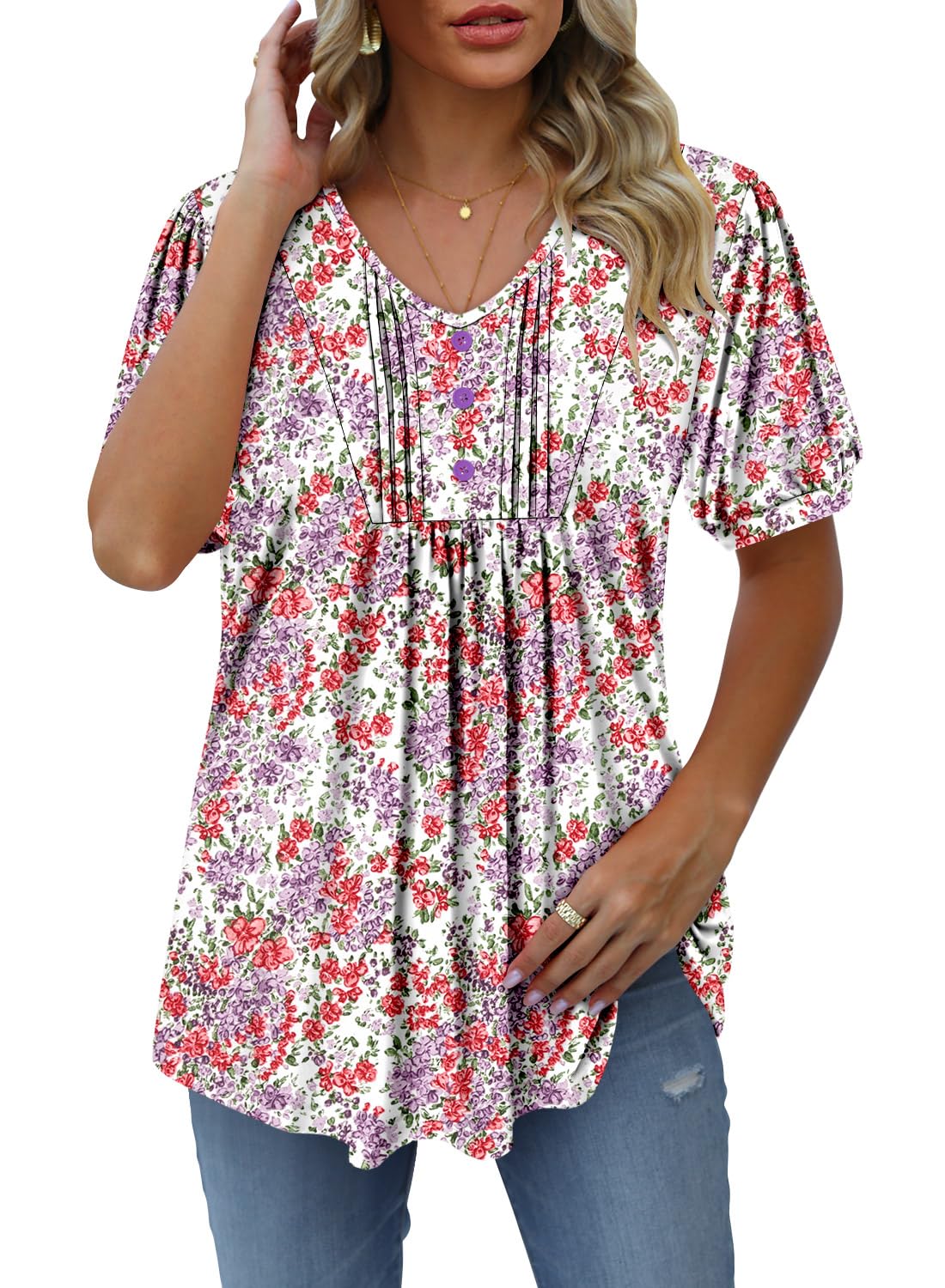 onlypuff Women's Summer V Neck Pleated Tunic Tops Button Down Blouses Short Sleeve Shirts for Leggings