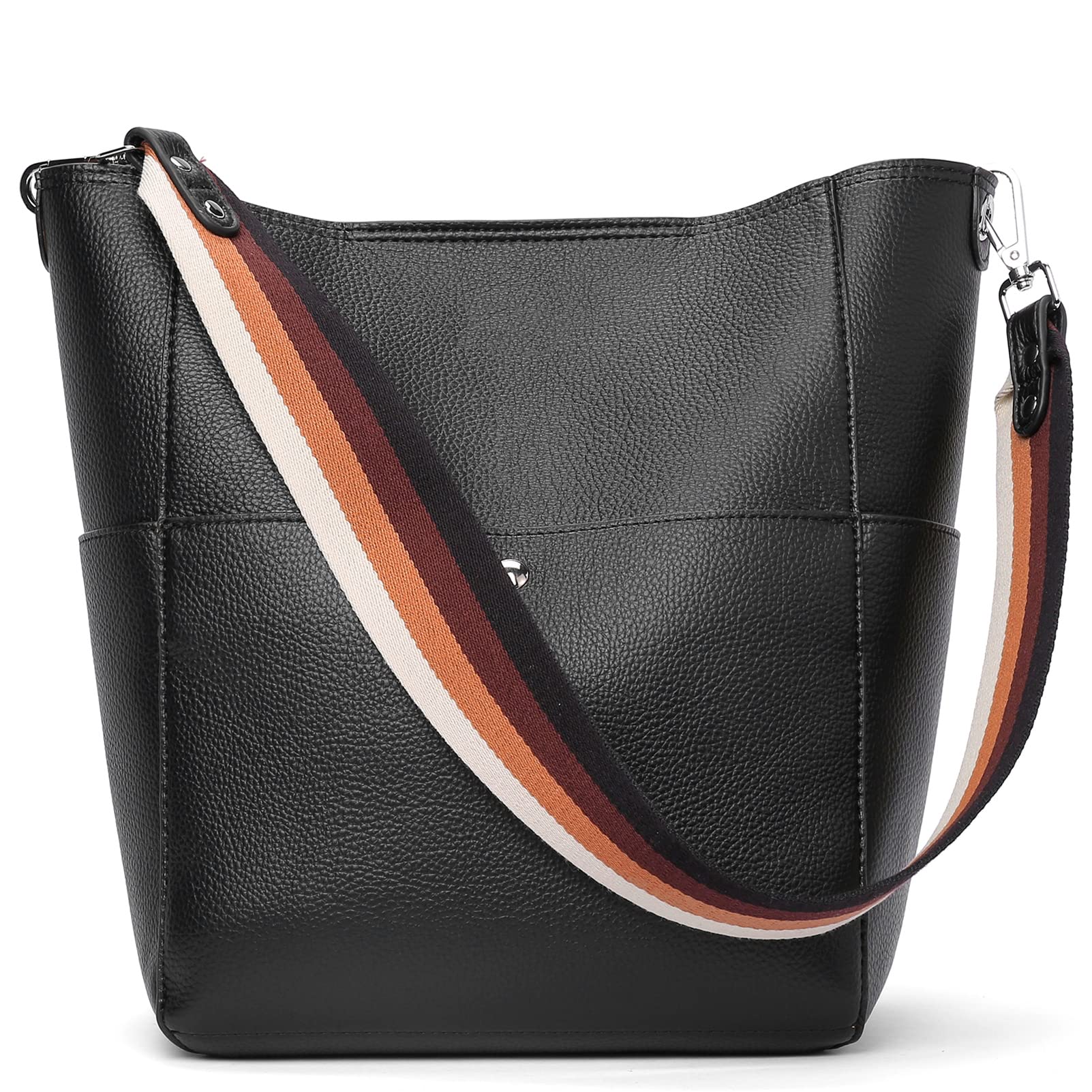 BROMENHandbags for Women Bucket Bags Vegan Leather Purses and Handbags Crossbody Purse Tumbled Leather Black, 3-tumbled Leather Black, Medium, Hobo