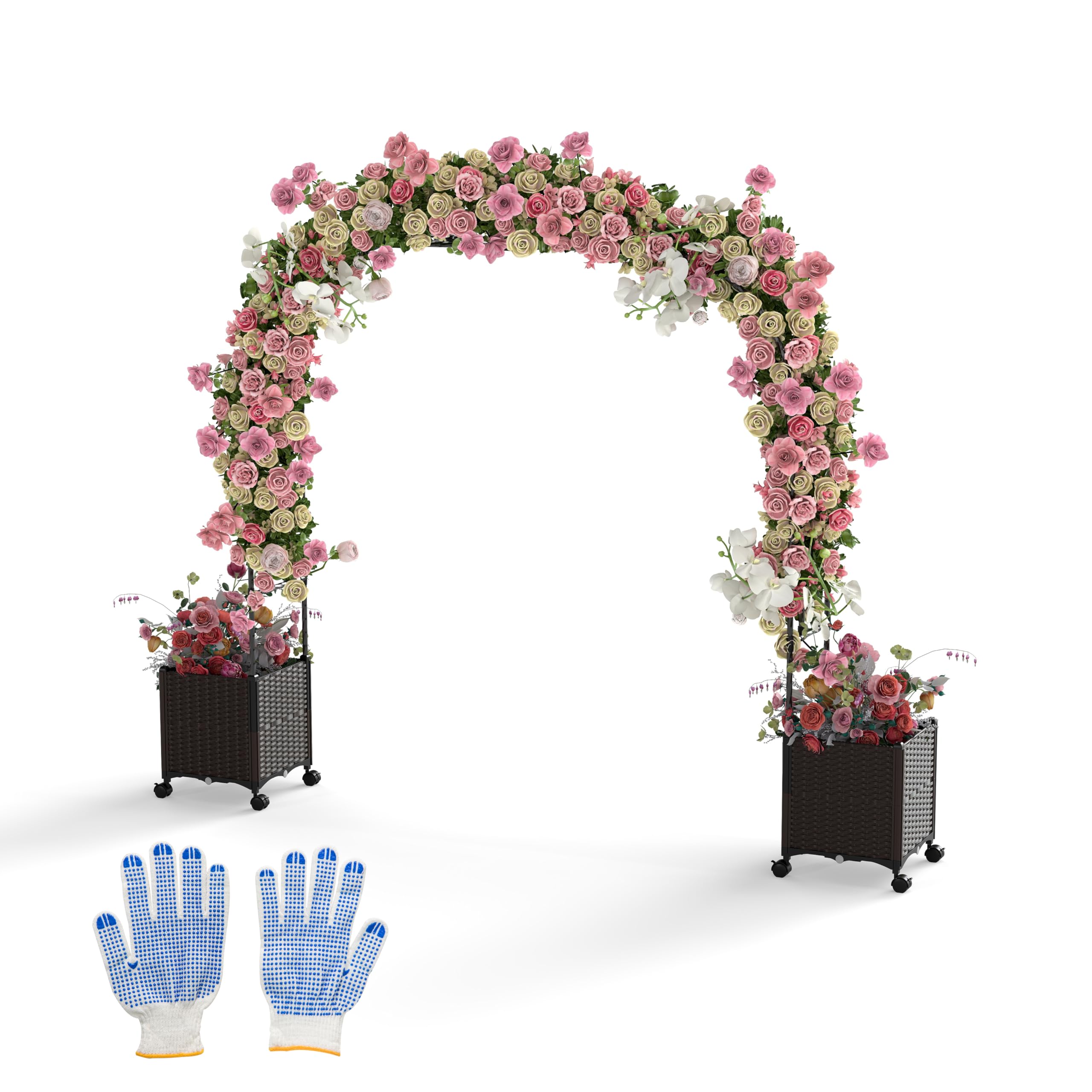COSTWAY Arco da Giardino, Pergolato per Piante Rampicanti con 2 Fioriere, Sistema di Autoirrigazione, Fori di Drenaggio e Ruote Bloccabili, Decorazione per Matrimoni