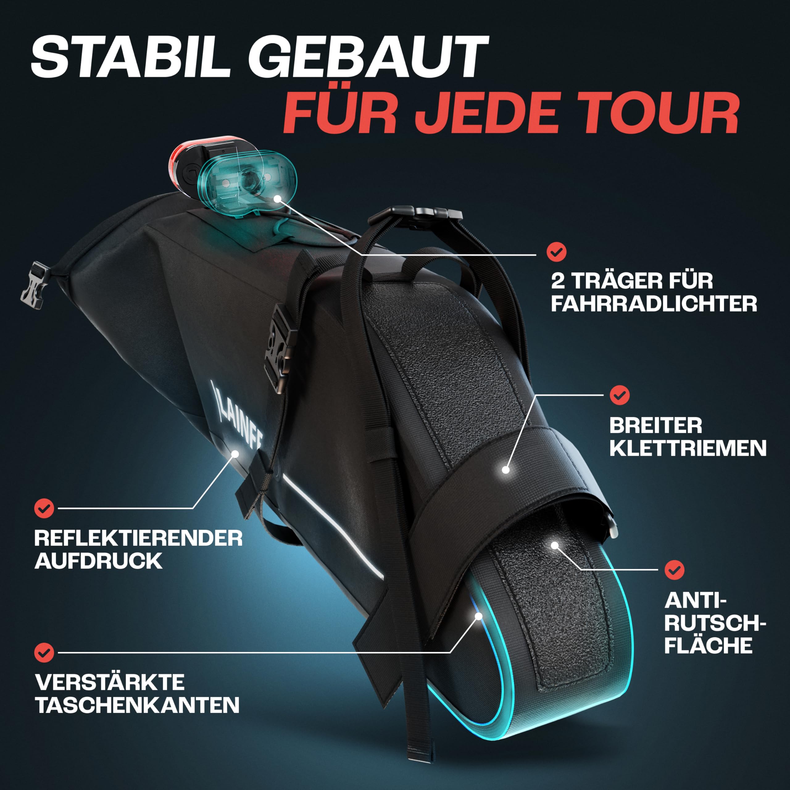 LAINFELD Fahrrad-Satteltasche [10 Liter] – 100% Wasserdicht, Reflektierend – Bikepacking-Zubehör für E-Bike, MTB, Gravel & Rennrad