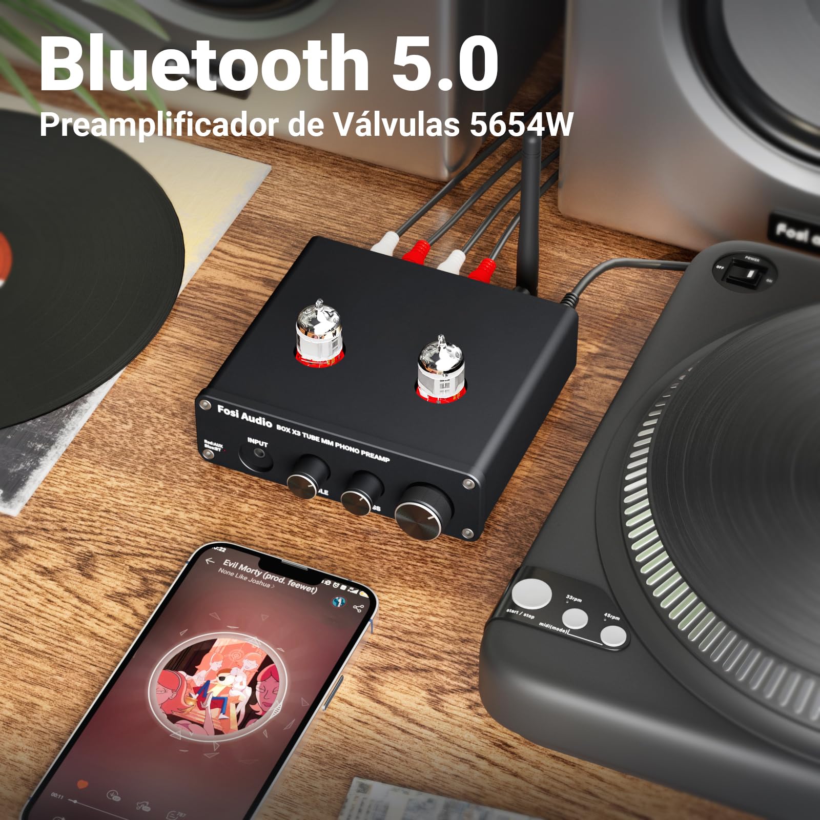 Fosi Audio Box X3 Preamplificador de válvulas Bluetooth para giradiscos MM Preamplificador de Fono Mini preamplificador Hi-Fi estéreo para Sistema de Sonido de Tocadiscos de Audio doméstico