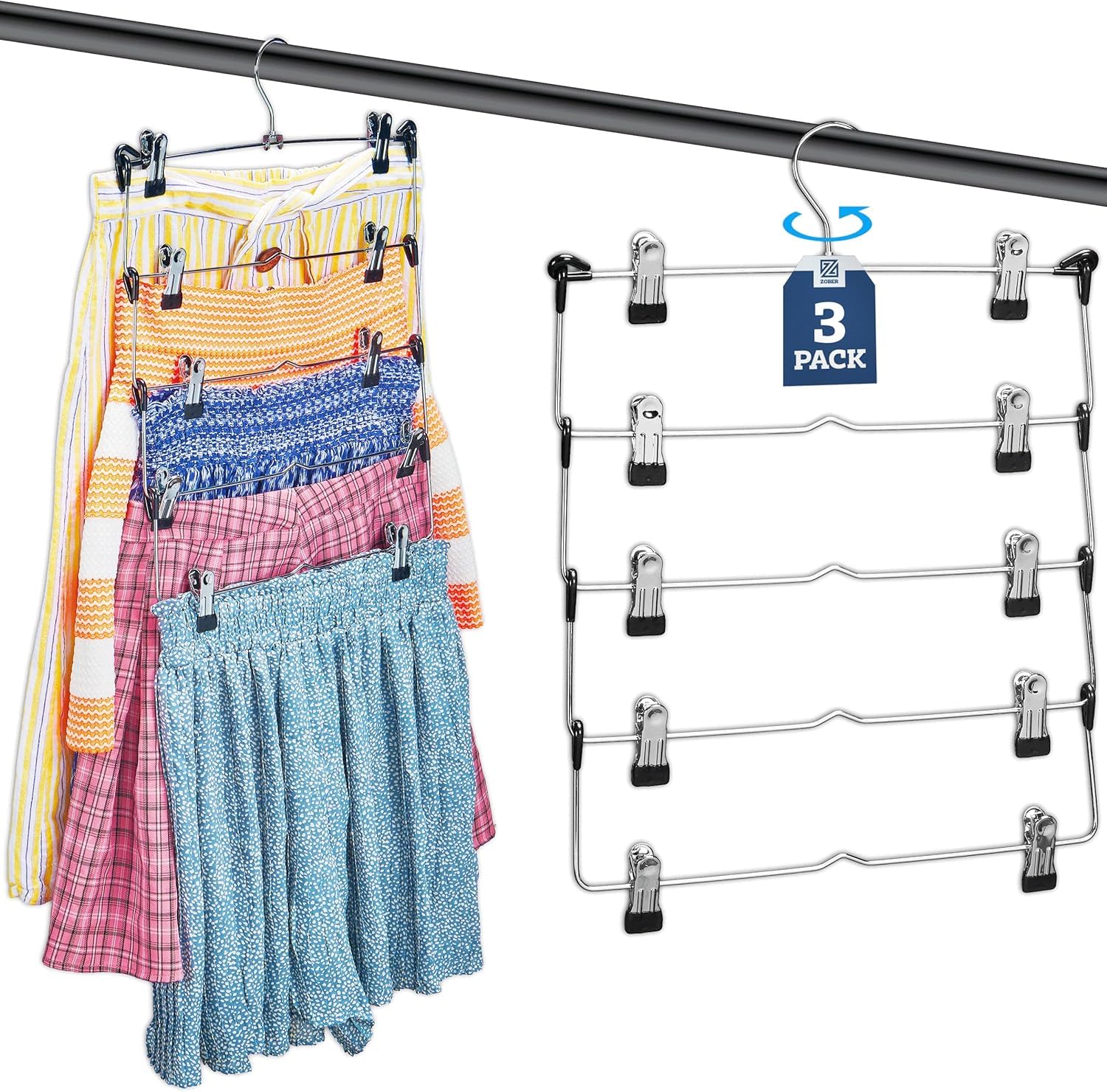 4-Tier Pants Hangers Space Saving with Clips, Skirt Hangers for Women, Durable Metal Closet Organizers and Storage, 360° Swivel Hook for Pants, Skirts, Dresses, 3 Pack
