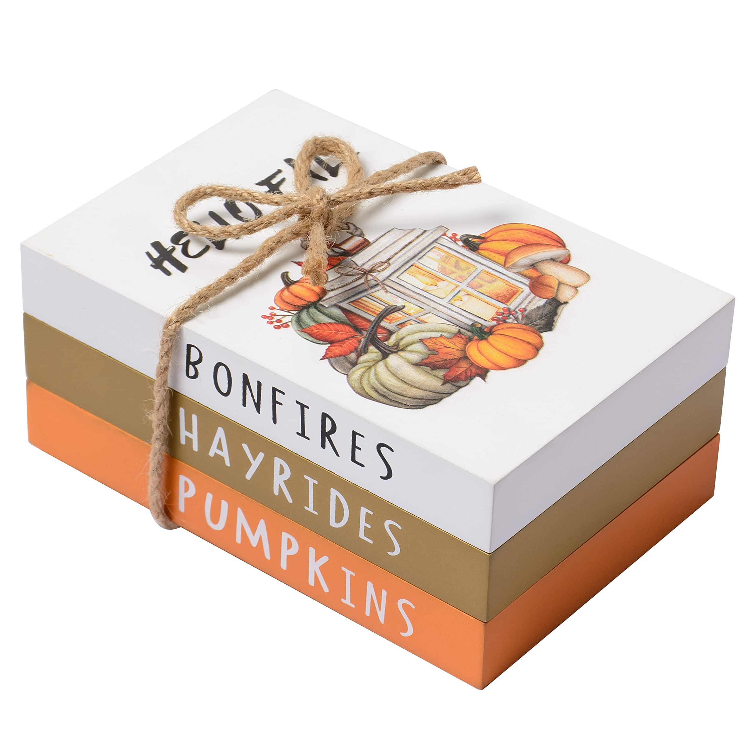 Fall Decor - Fall Decorations for Home- 3 Mini Wood Decorative Books Stack with Hemp Rope-Tiered Tray Decor for Autumn Thanksgiving Harvest Farmhouse Rustic Decor for Table Shelf