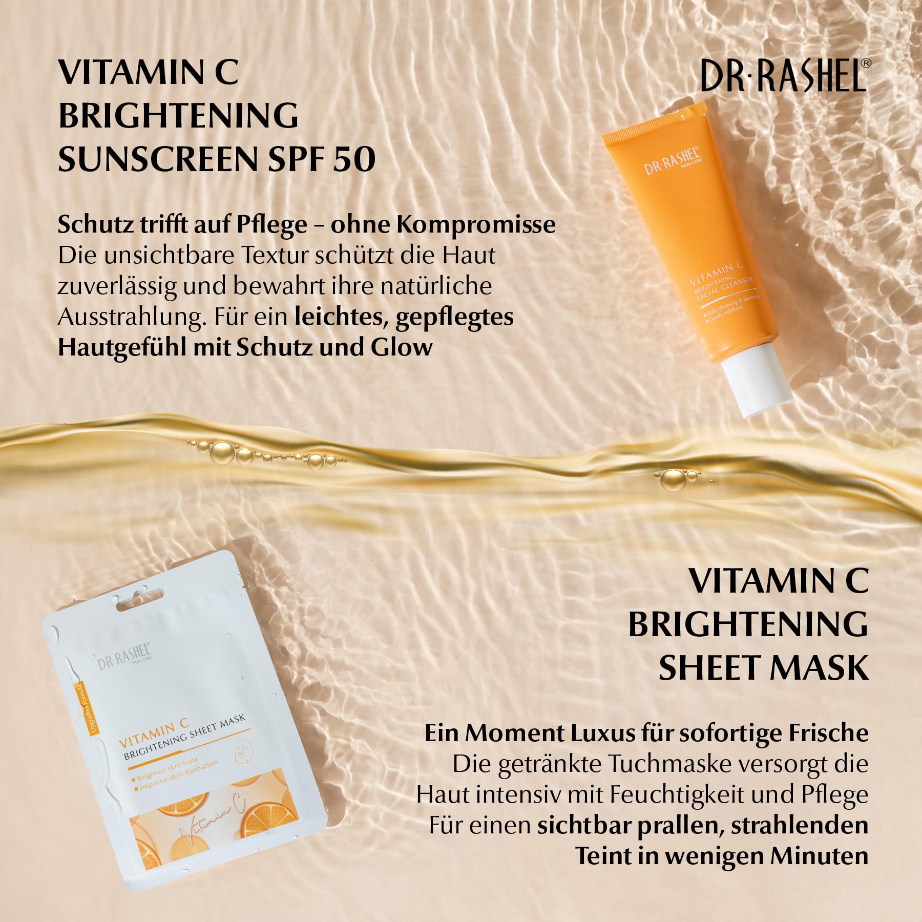 Zestaw do pielęgnacji twarzy z witaminą C – serum do twarzy, serum pod oczy, krem na dzień i na noc, 10 x maseczka chusteczkowa, oczyszczanie twarzy, toner, krem przeciwsłoneczny SPF 50