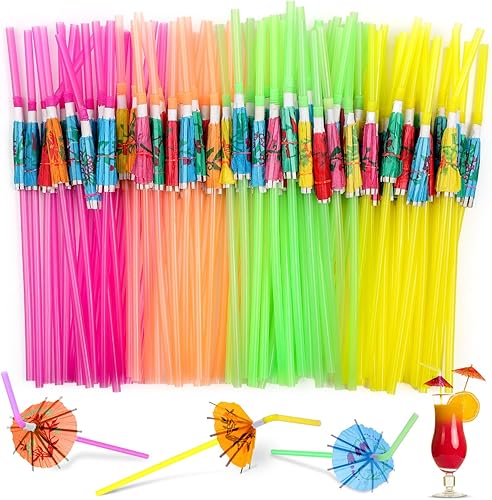 Paxcoo - Pajitas de paraguas para bebidas, 100 pajitas de paraguas hawaianas Luau para decoración de bebidas (varios colores)