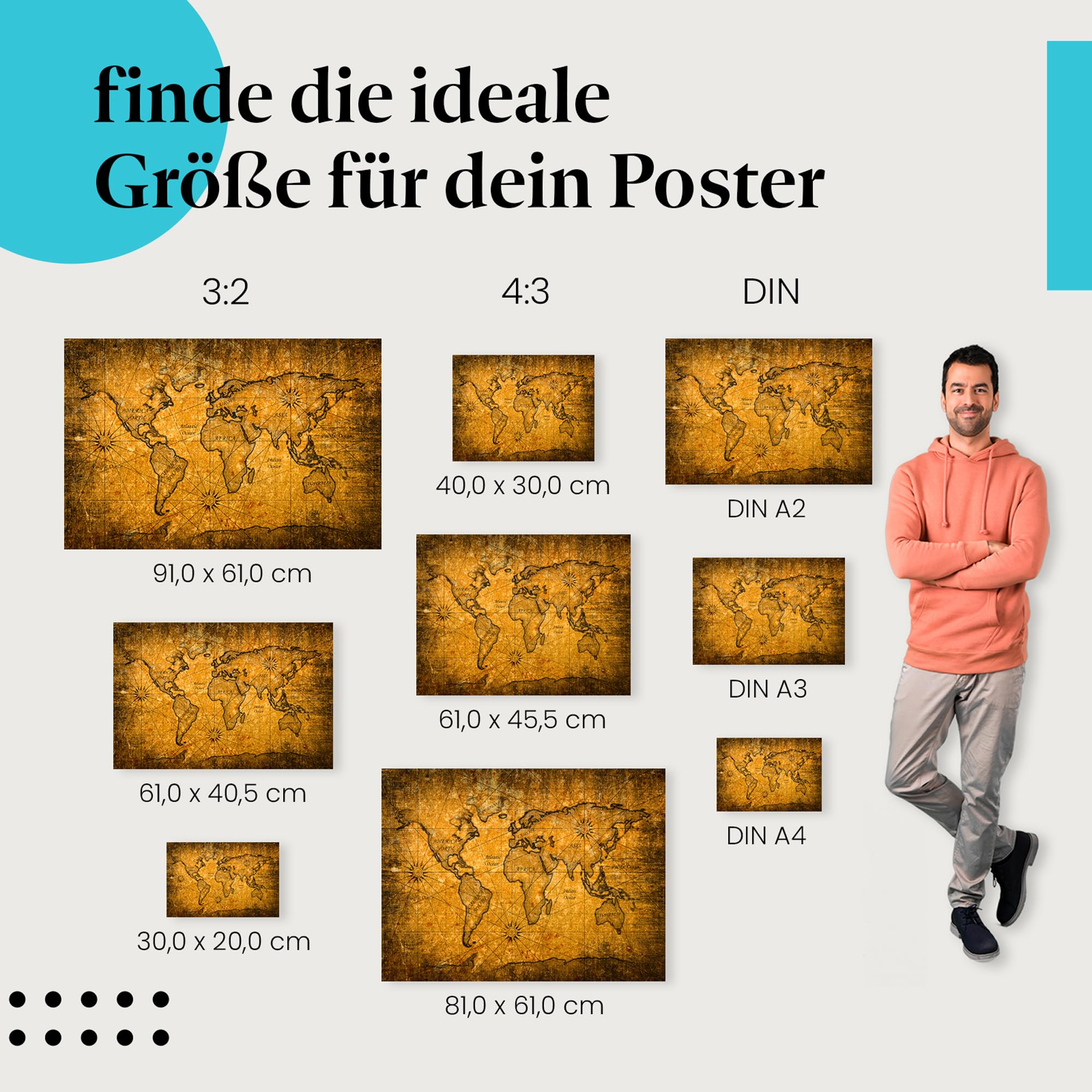Postereck - 2077 - Alte Weltkarte, Kontinente Geografie Weltmeere - Unterricht Klassenzimmer Schule Wandposter Fotoposter Bilder Wandbild Wandbilder - Leinwand - 100,0 cm x 75,0 cm