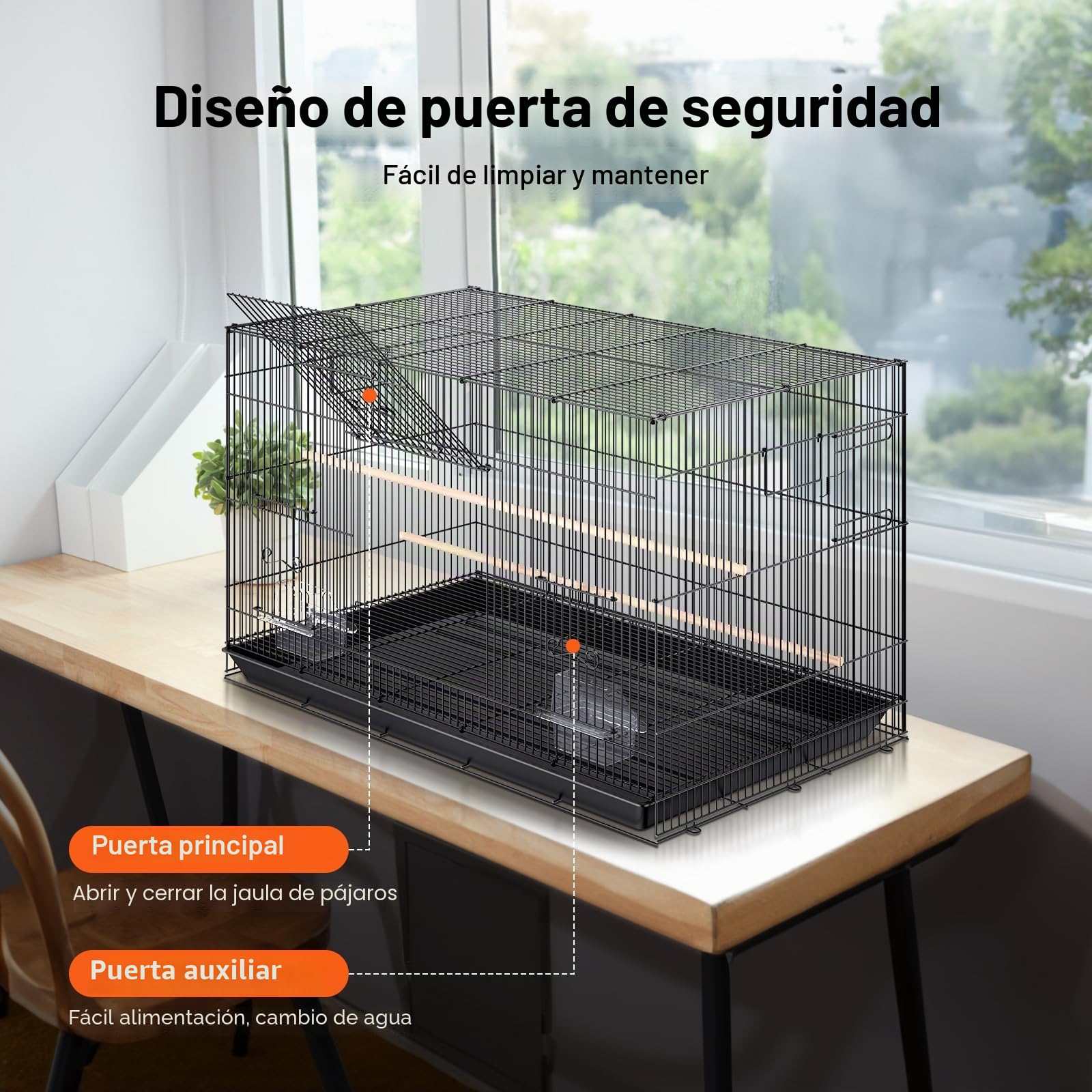 VEVOR Jaula de Vuelo para Pájaros 76 x 46 x 45,5 cm Jaula para Pájaros de Metal con Manija Lateral Puerta Segura Portátil Bandeja Desmontable Perchas Comederos para Pájaros Pequeños Cacatúas Loros