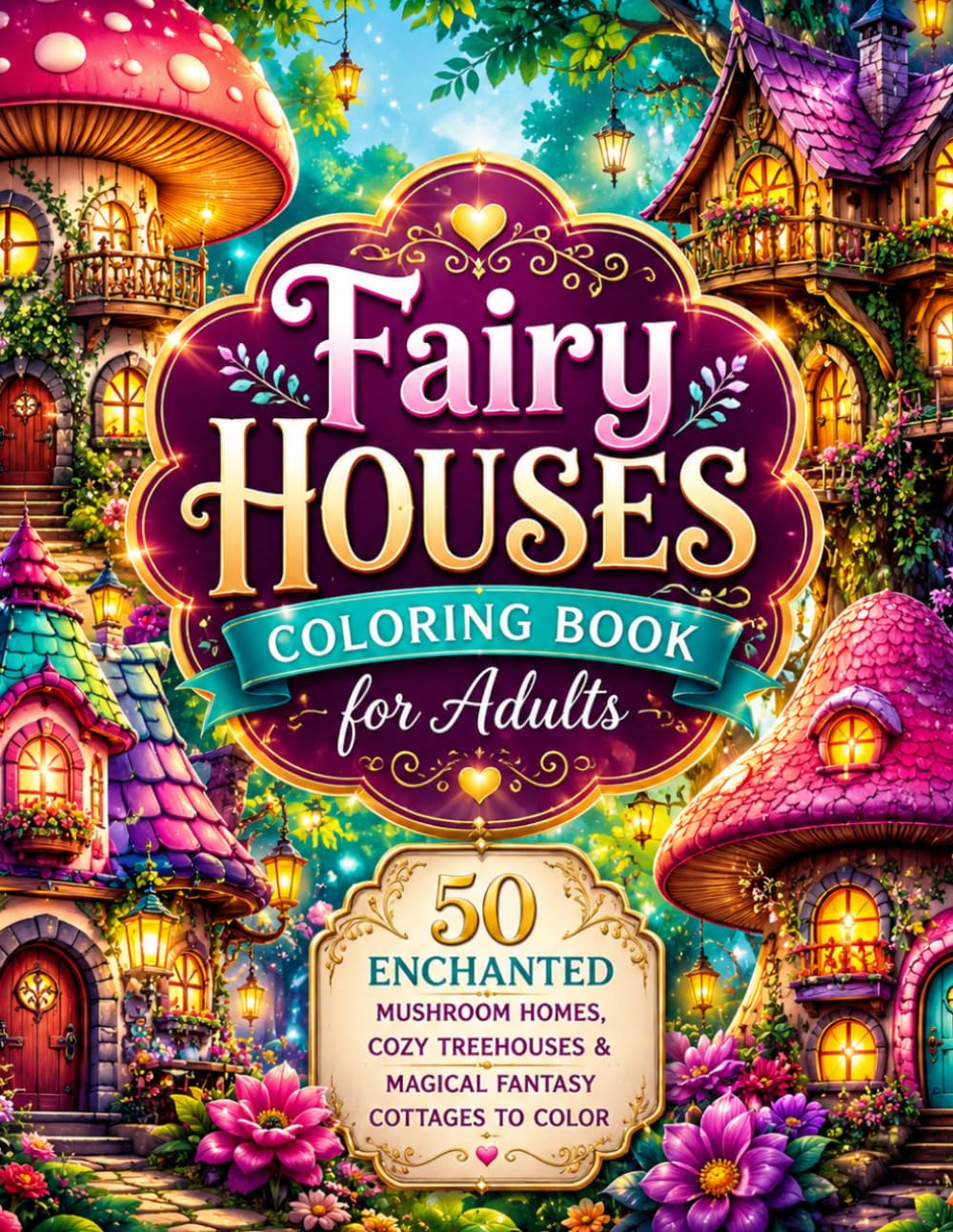 Fairy Houses Coloring Book for Adults: 50 Enchanted Mushroom Homes, Cozy Treehouses & Magical Fantasy Cottages for Stress Relief, Anxiety Relief, Relaxation & Creative Escape