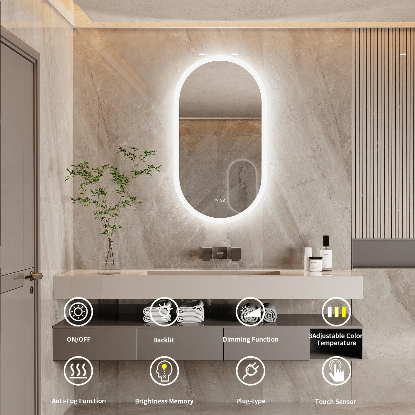 Genérico Espejo Baño con Luz Led Ovalado 80 x 50 cm Espejos de Baño Antivaho con Luz Retroiluminado Regulable Espejo Moderno Inteligente con Interruptor Tactil y Enchufe para Recibidor vestidor