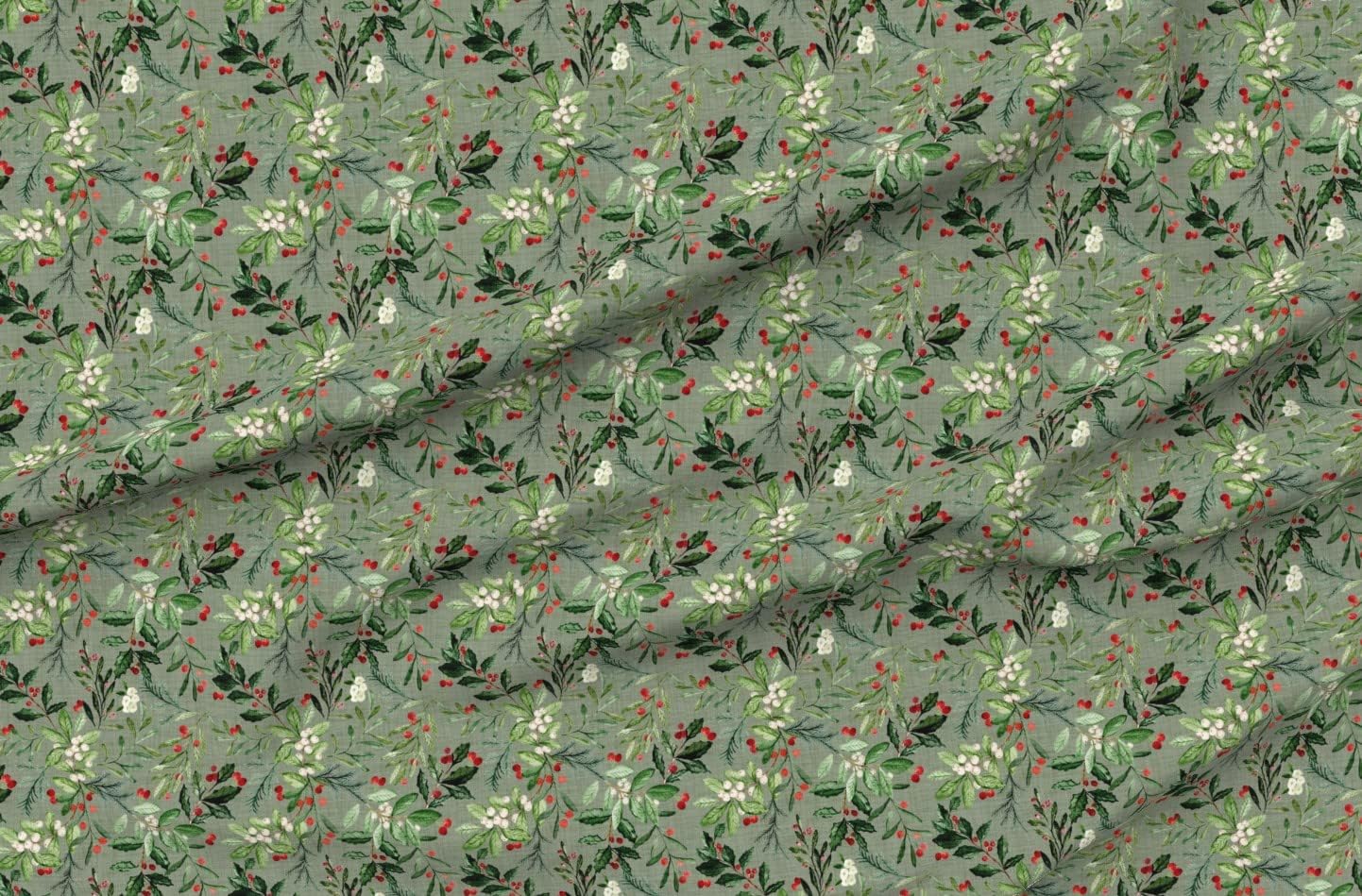 Spoonflower Fabric - Floral Winter Holiday Christmas Holly Fall Xmas Florals Sage Printed on Organic Cotton Sateen Fabric by The Yard - Sewing Quilting Apparel Home Decor
