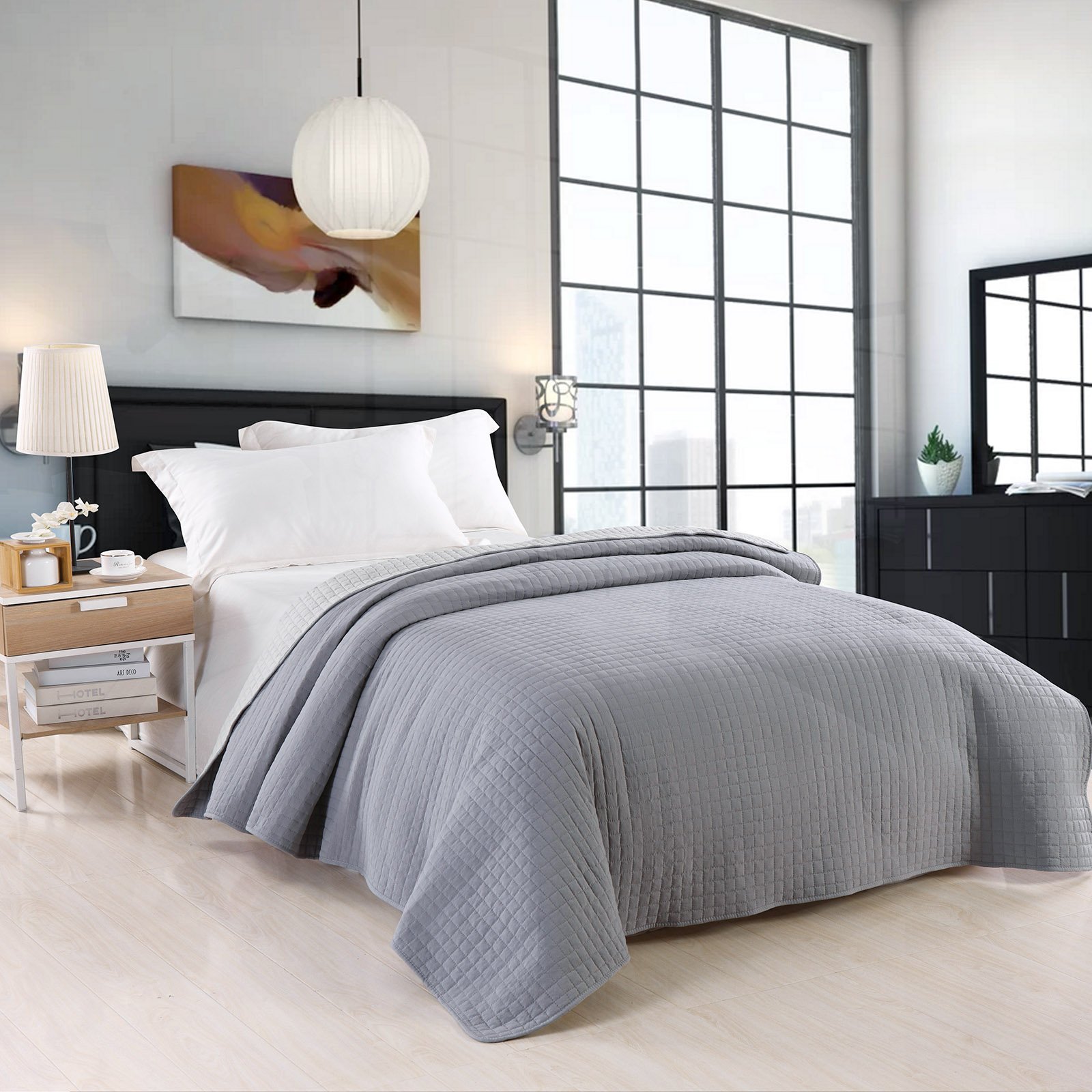 Tagesdecke Bettüberwurf Steppdecke Patchwork Flanelle Wendedesign Kariert 220x240 cm Grau-Hellgrau