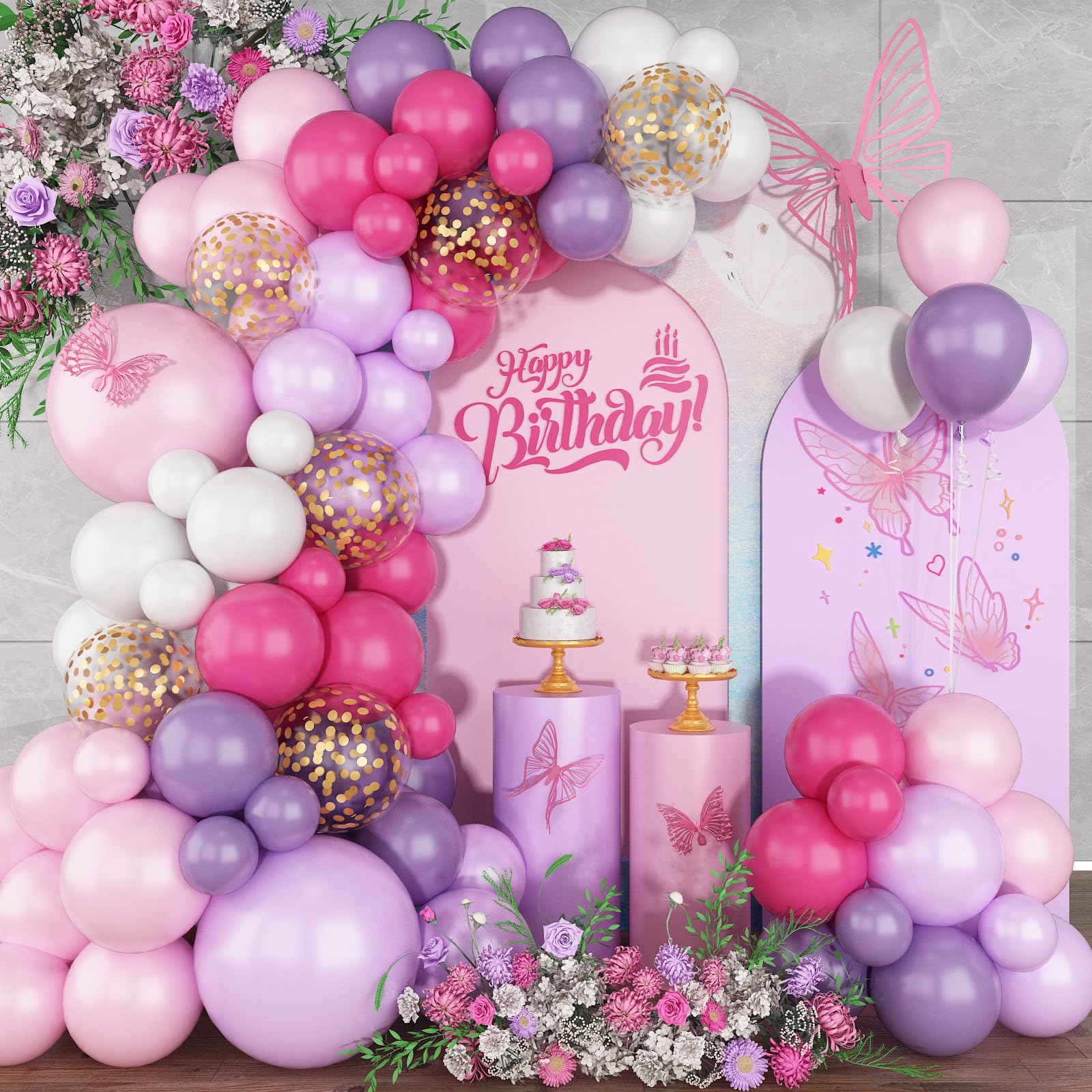 Pink and Purple Balloon Garland Arch Kit, Butterfly Balloon Arch Kit with Hot Pink Purple Gold Confetti Balloons for Bridal Shower Wedding Butterfly