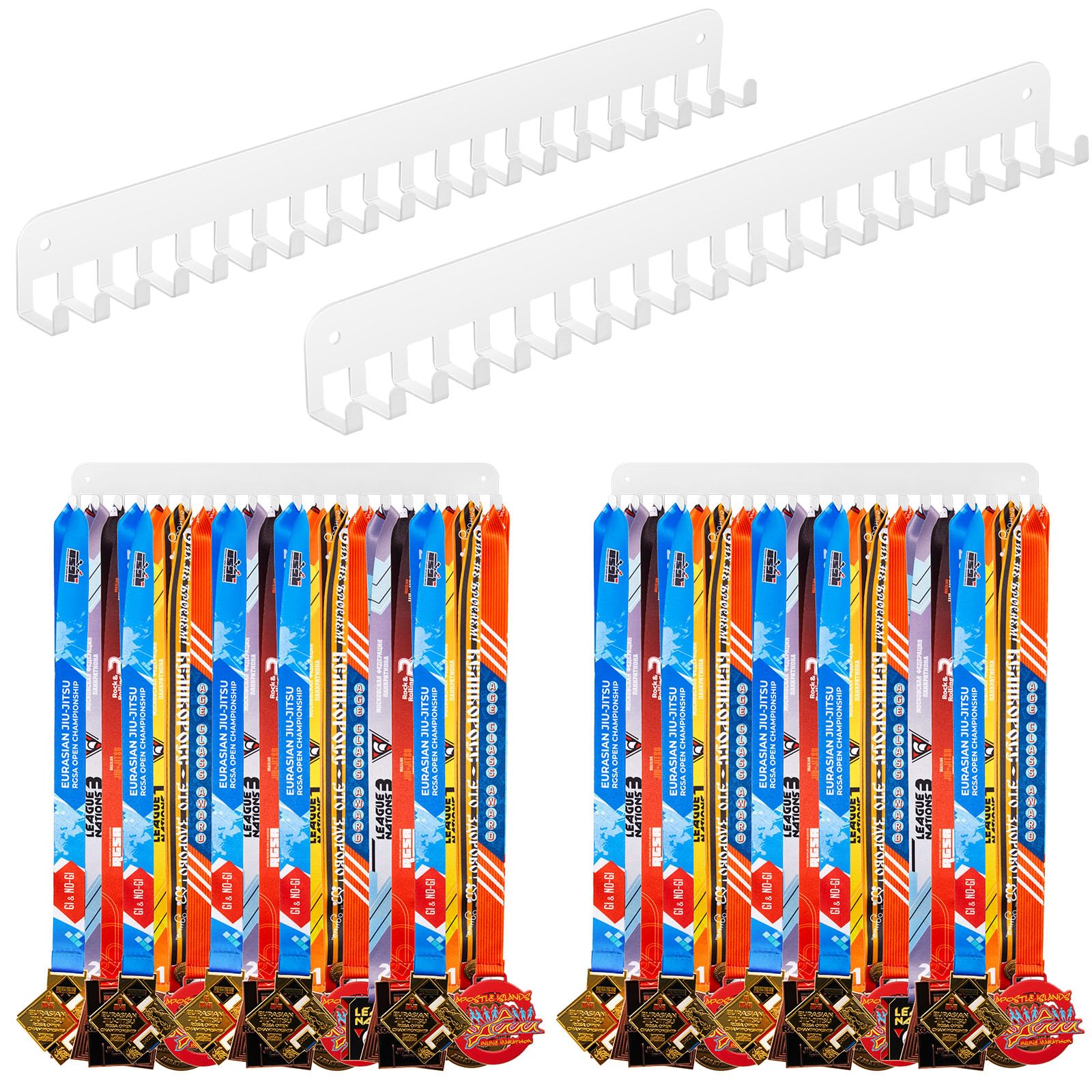 Geetery 4 Pack Medal Hanger Display with 20 Hooks Each, Sturdy Steel Wall Mount Medal Holder Rack Holds 60+ Awards for Gymnastics Marathon Sport Runner Soccer Wrestle Swim, Easy to Install