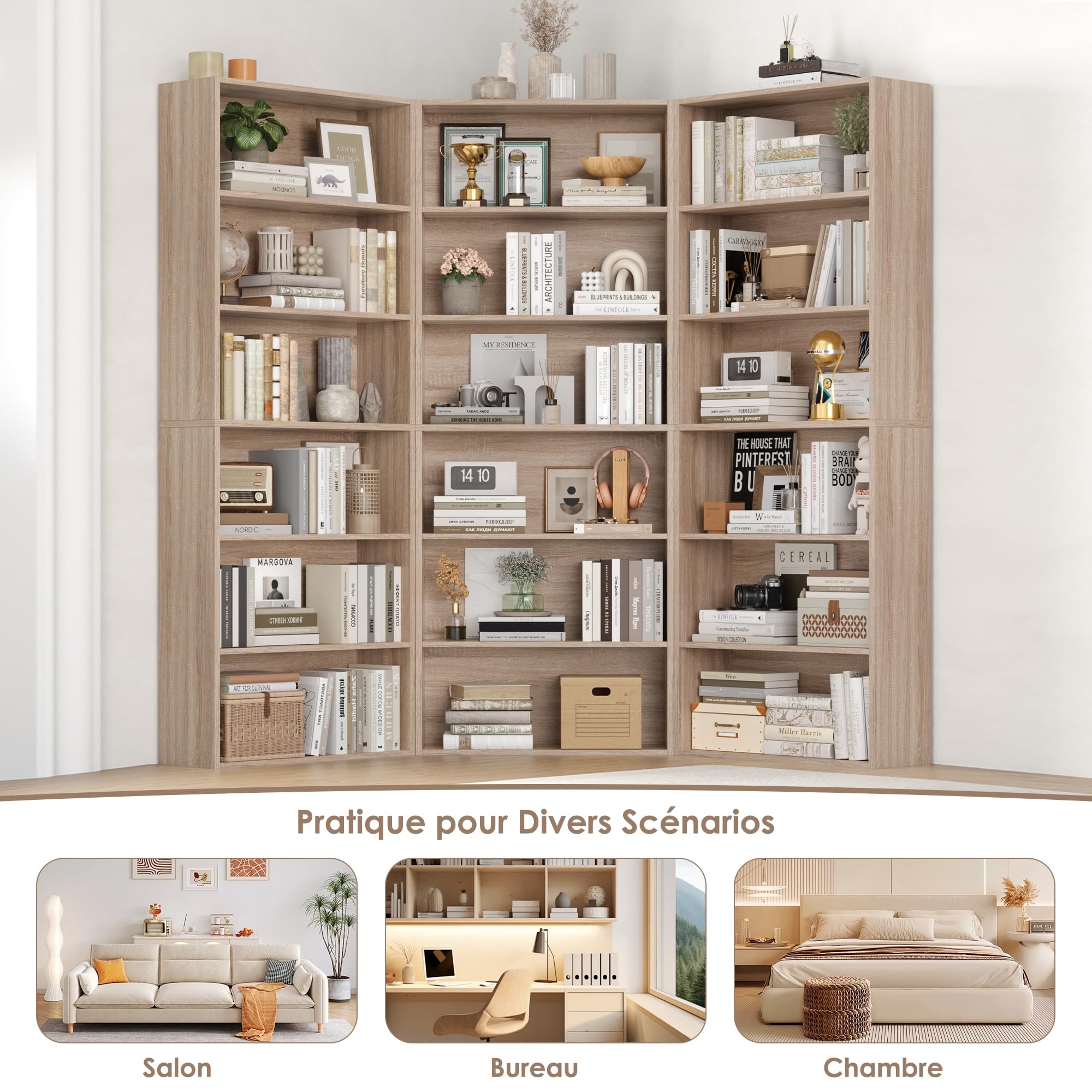 FirFurd Bibliothèque Étagère à 6 Niveaux Haut Meuble de Rangement Chêne | 180x60x23,5cm, Bibliotheque étagères de Rangement ouverte, Colonne, Bibliothèques pour salon bureau chambre,appart,coins