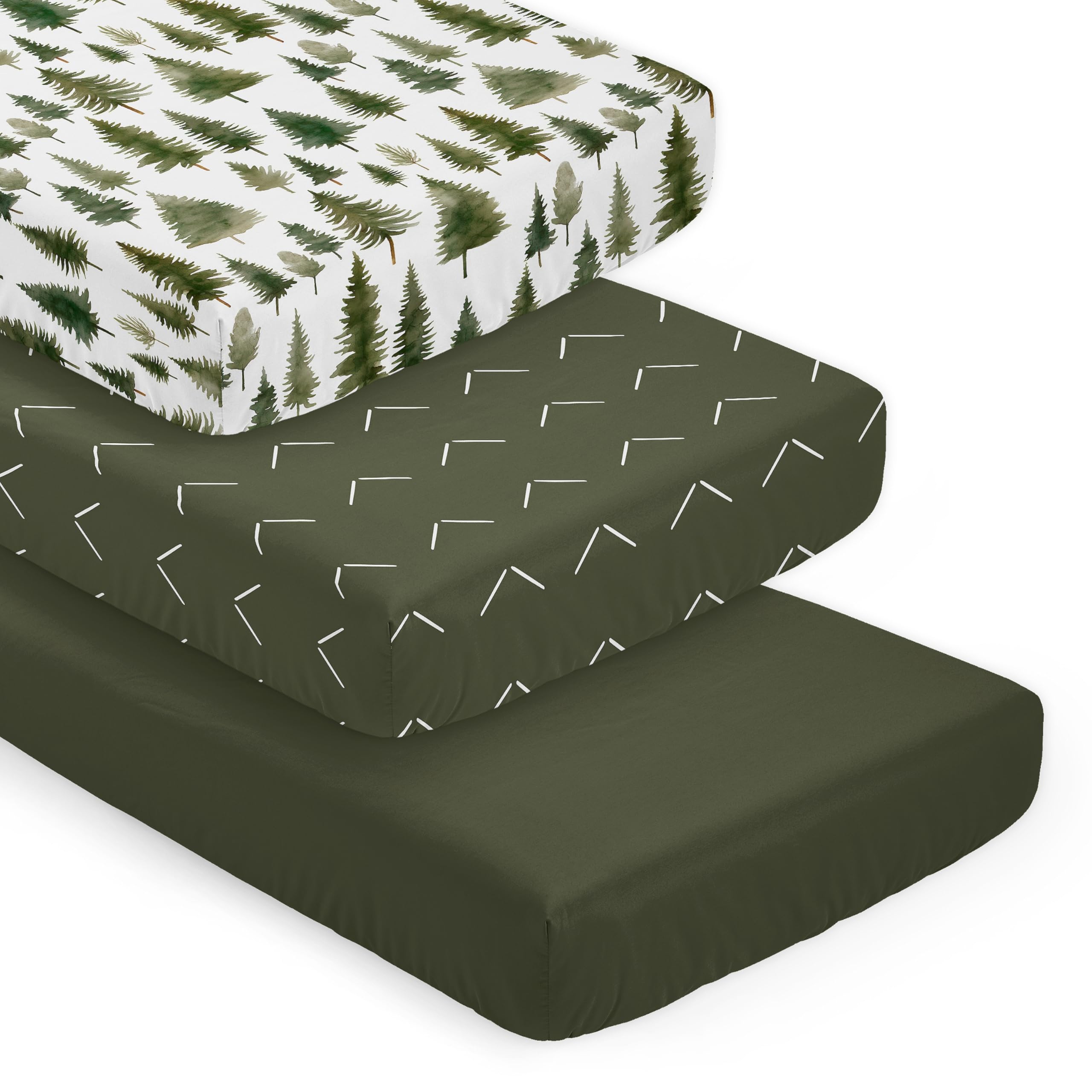Sweet Jojo Designs 3-Piece Baby Crib Sheets Set (Woodland Pinetrees) for Boys, Infant Nursery, Toddler Room - Fitted, Standard Size (Green &amp; White Arrow Geometric, Solid Hunter &amp; Forest Themed, Trees)
