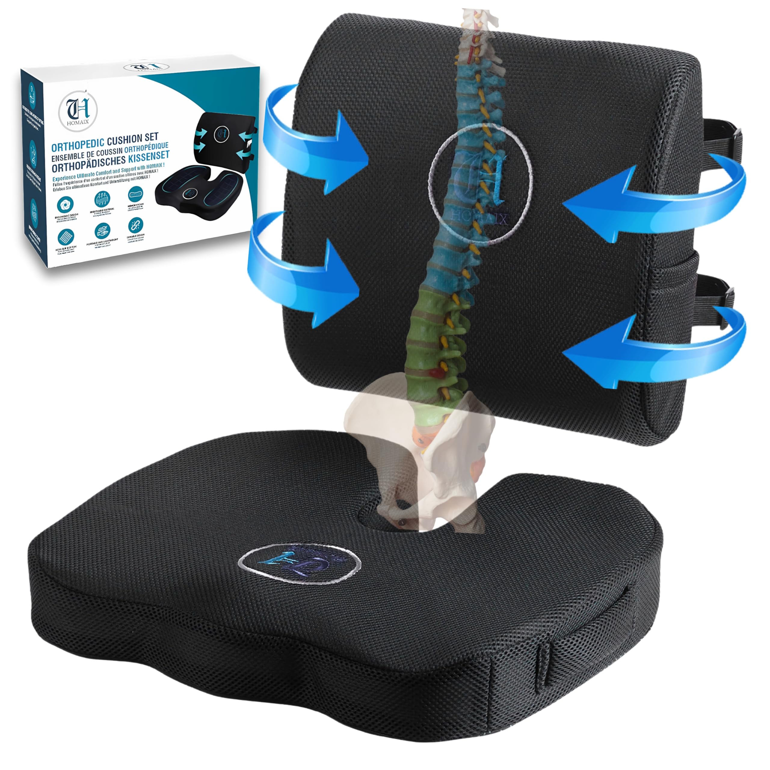 HOMAIX - Cojín de asiento ergonómico con soporte lumbar para silla, oficina, coche, cojín ergonómico para apoyo de la espalda, funda extraíble y lavable