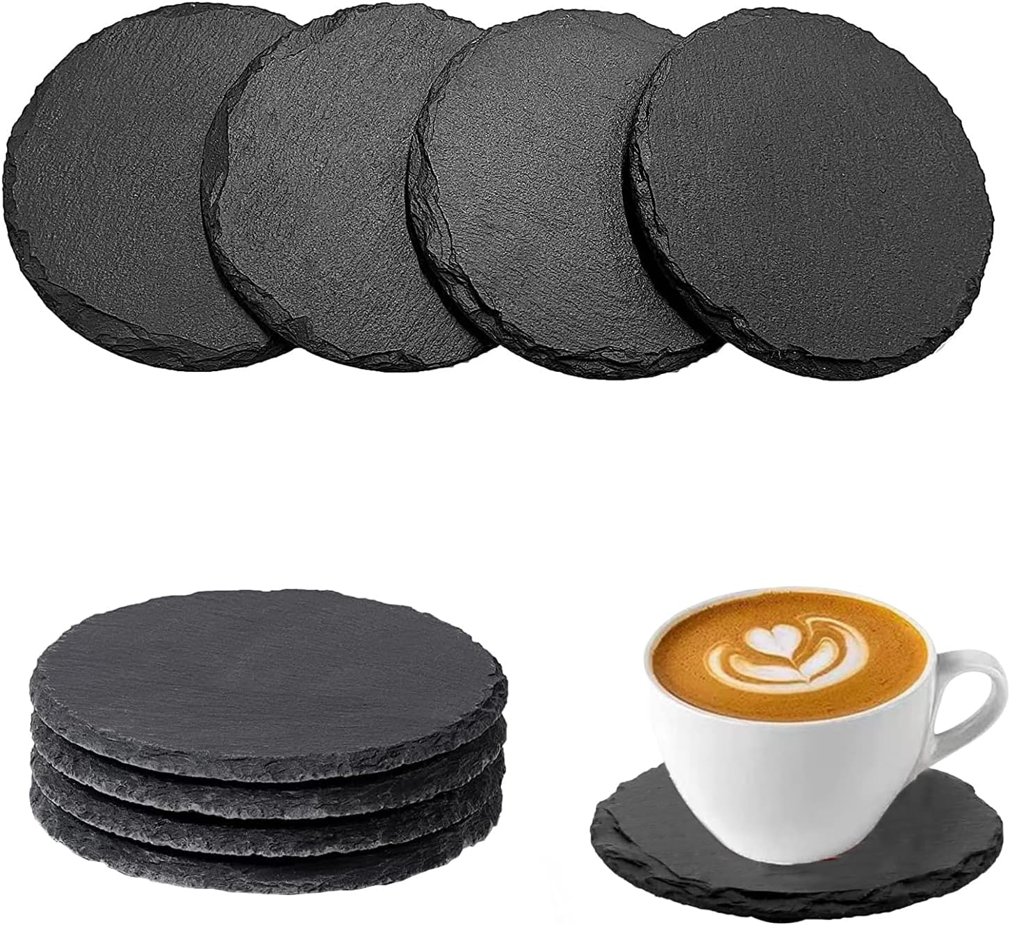 Goodern 8 Pcs Round Slate Stone Drink Coasters,Black Natural Edge Slate